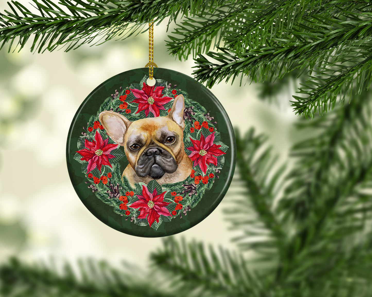 French Bulldog Poinsetta Wreath Ceramic Ornament