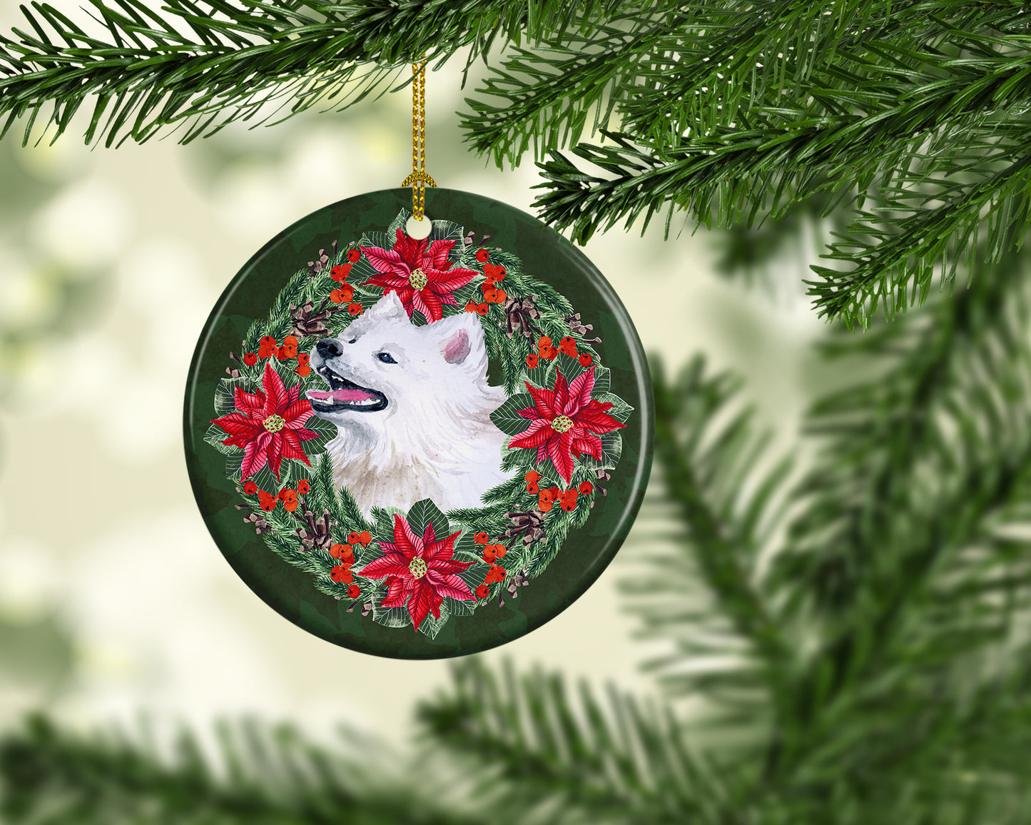 Samoyed Poinsetta Wreath Ceramic Ornament