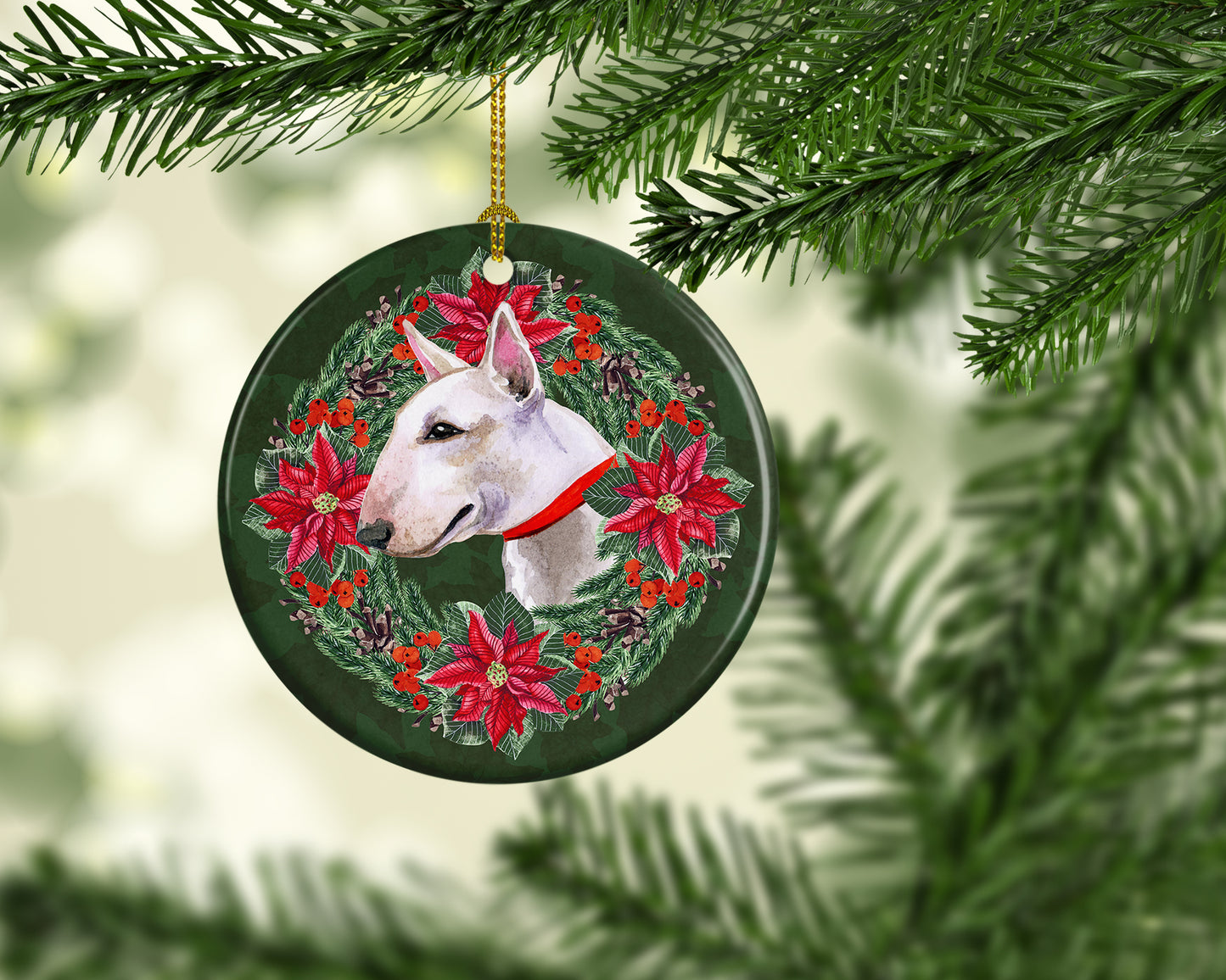 Bull Terrier Poinsetta Wreath Ceramic Ornament