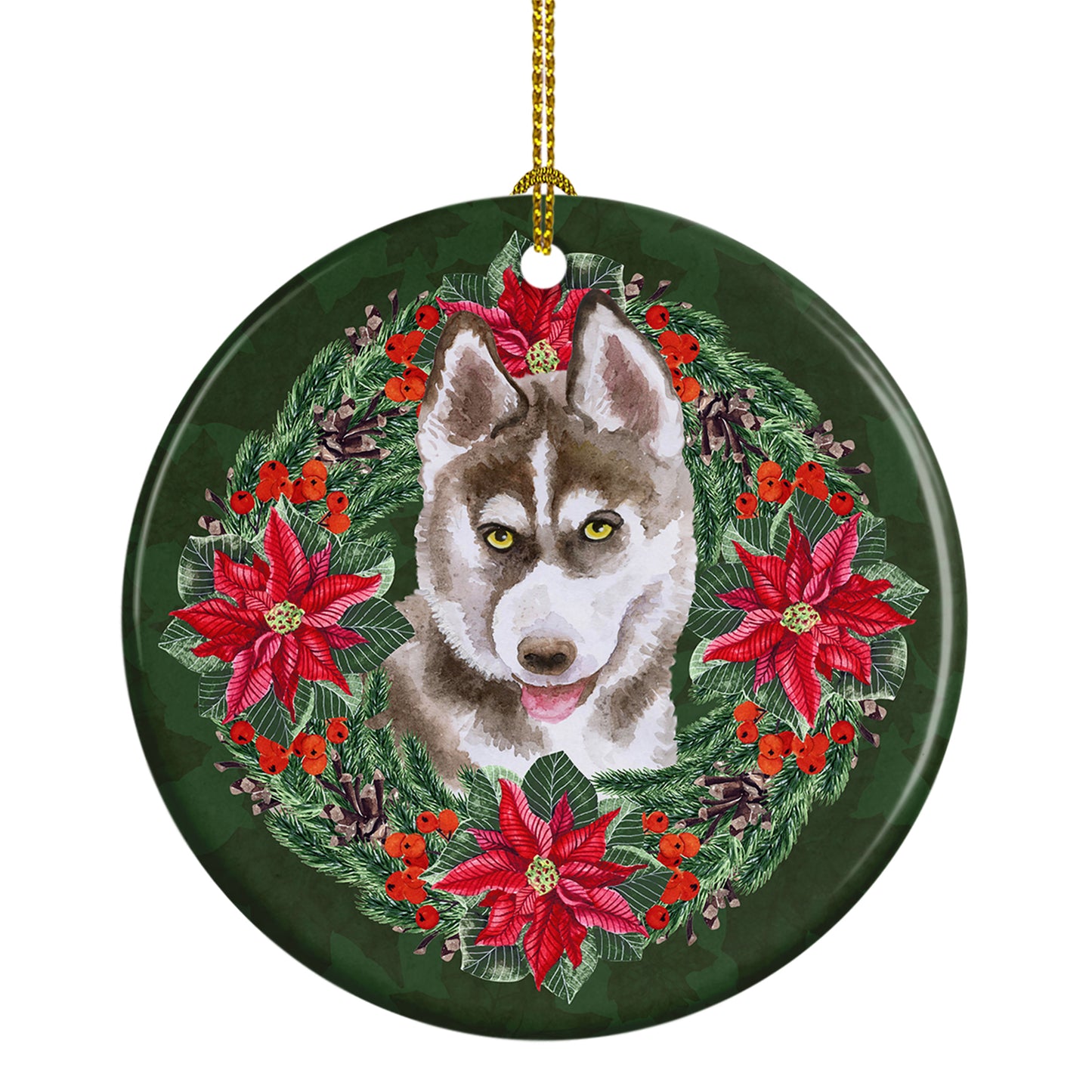 Buy this Siberian Husky Grey Poinsetta Wreath Ceramic Ornament