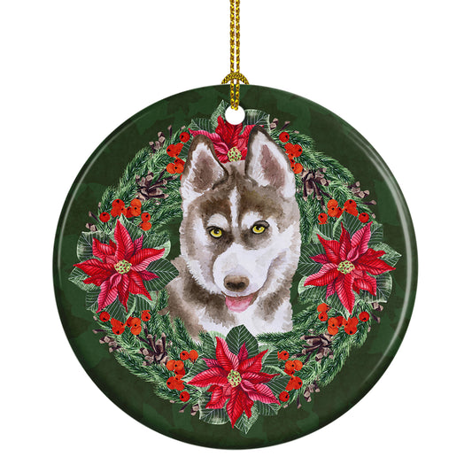 Buy this Siberian Husky Grey Poinsetta Wreath Ceramic Ornament