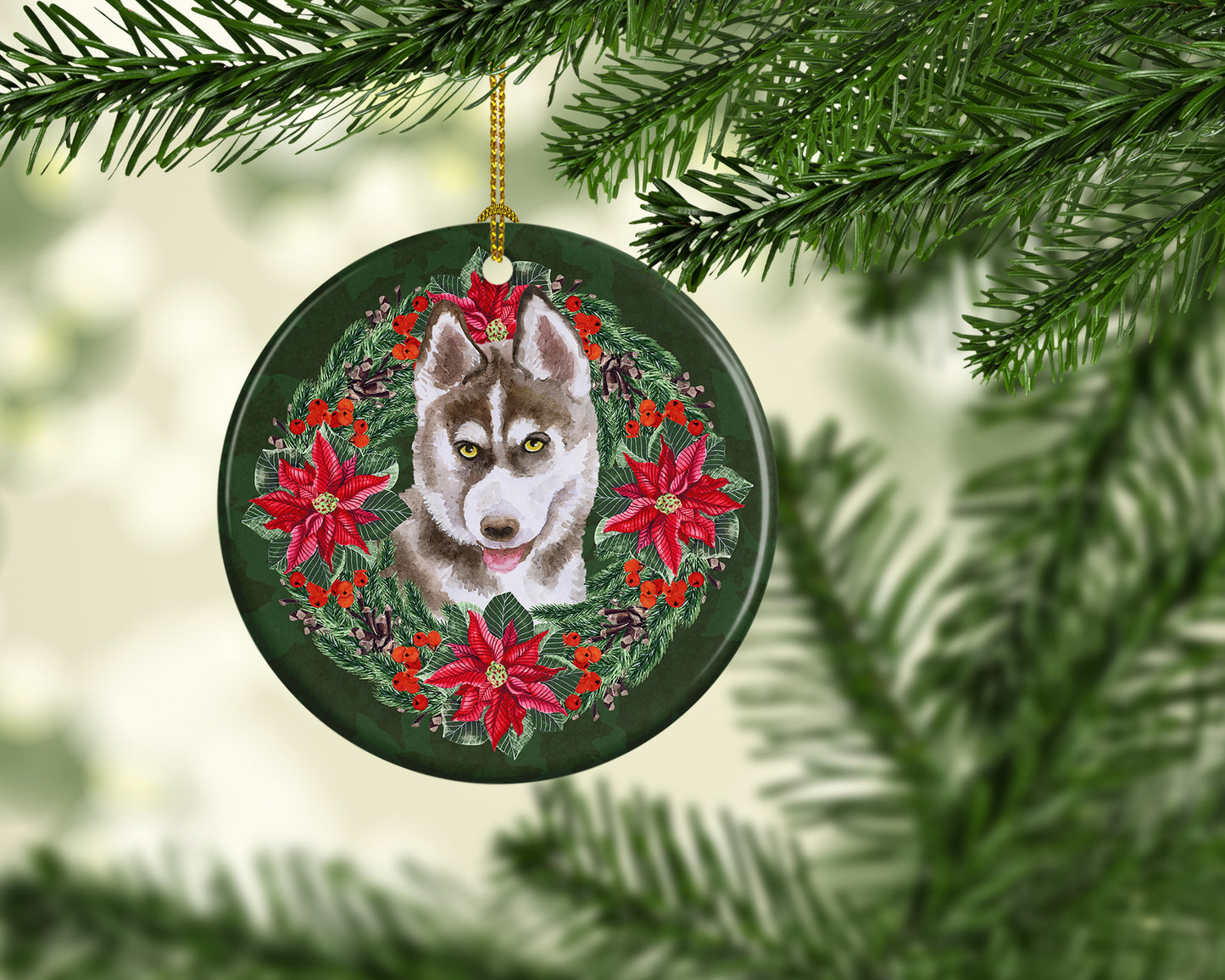 Siberian Husky Grey Poinsetta Wreath Ceramic Ornament