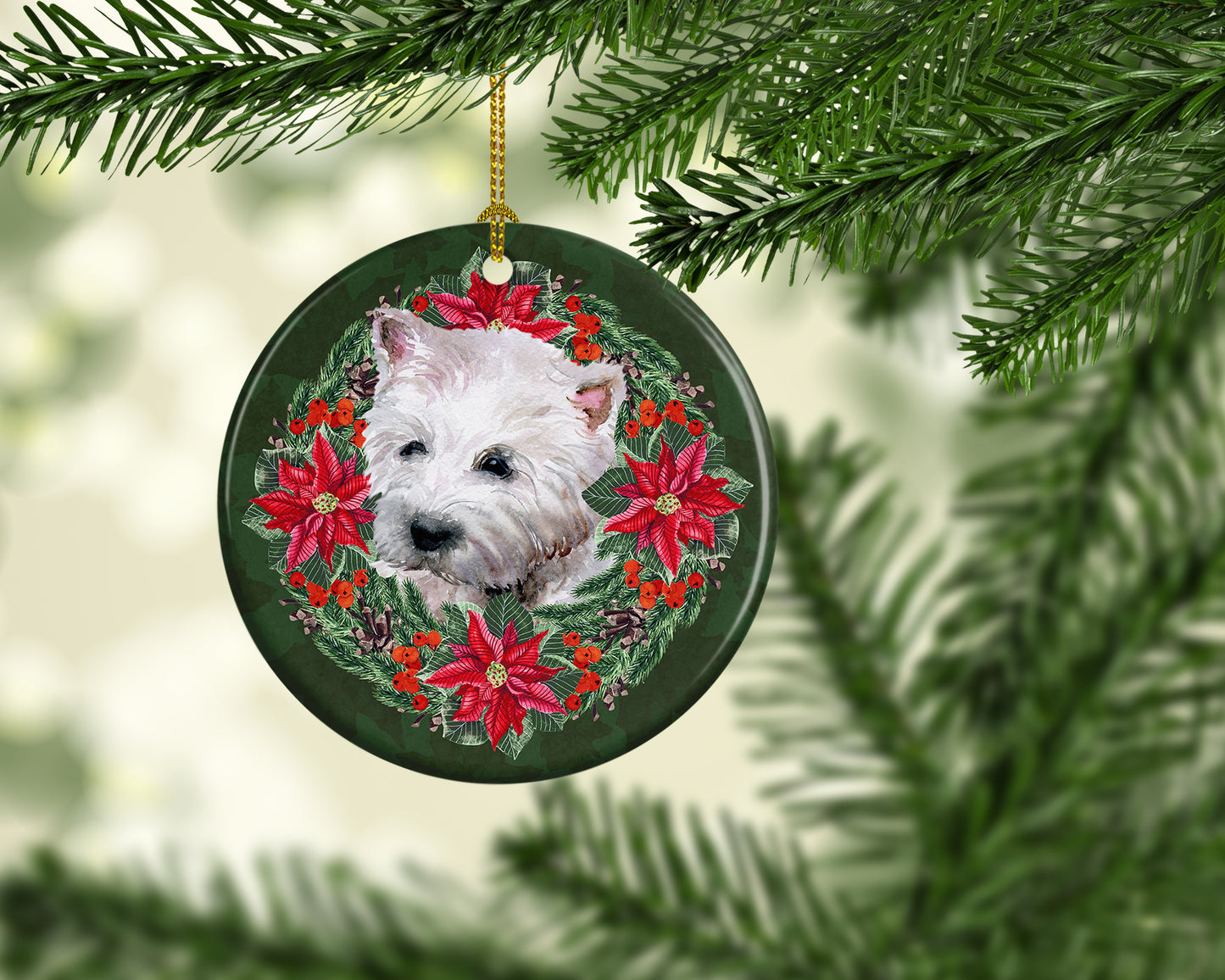 Westie Poinsetta Wreath Ceramic Ornament