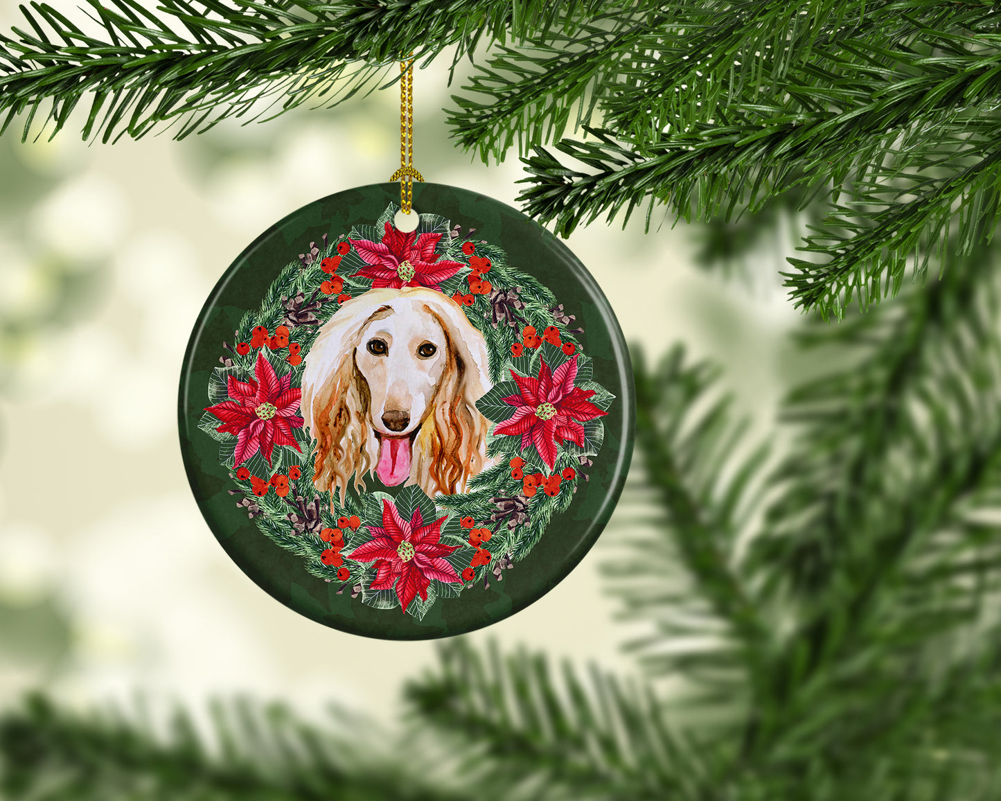 Afghan Hound Poinsetta Wreath Ceramic Ornament