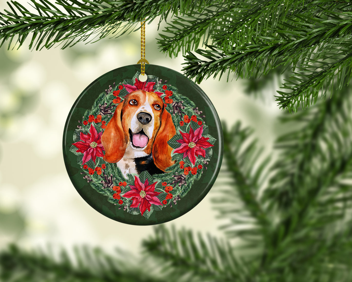 Basset Hound Poinsetta Wreath Ceramic Ornament