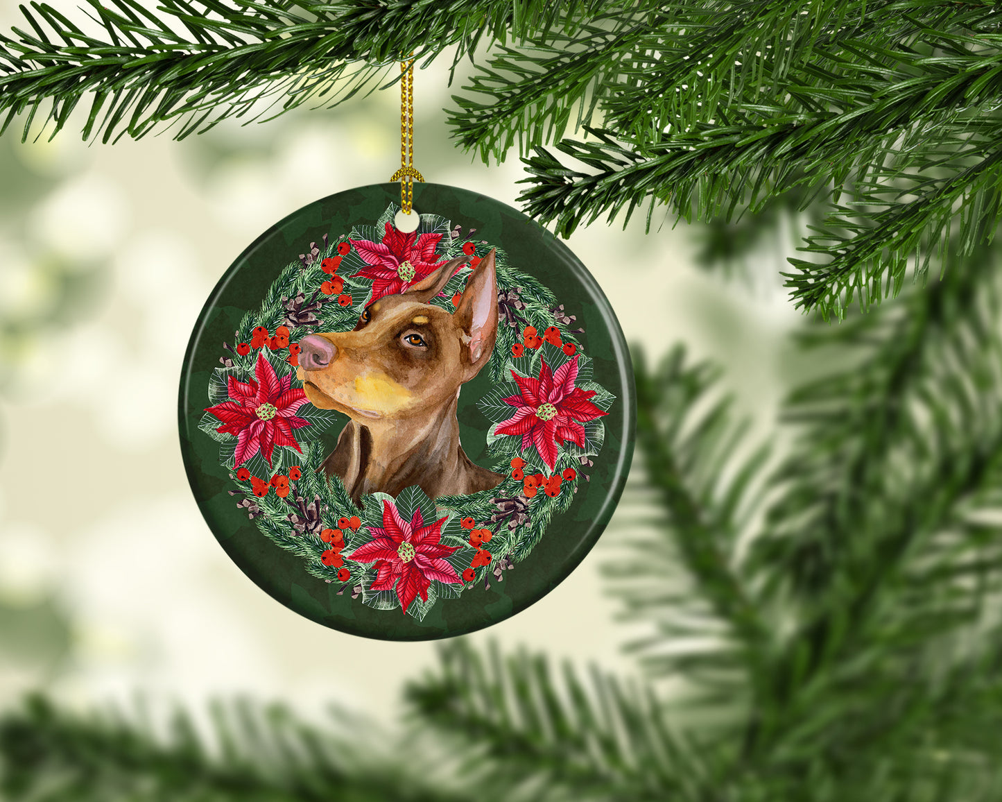 Doberman Pinscher Poinsetta Wreath Ceramic Ornament