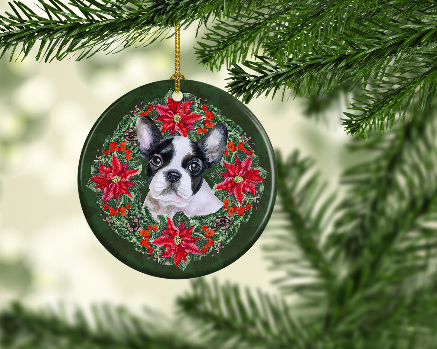 French Bulldog Black White Poinsetta Wreath Ceramic Ornament