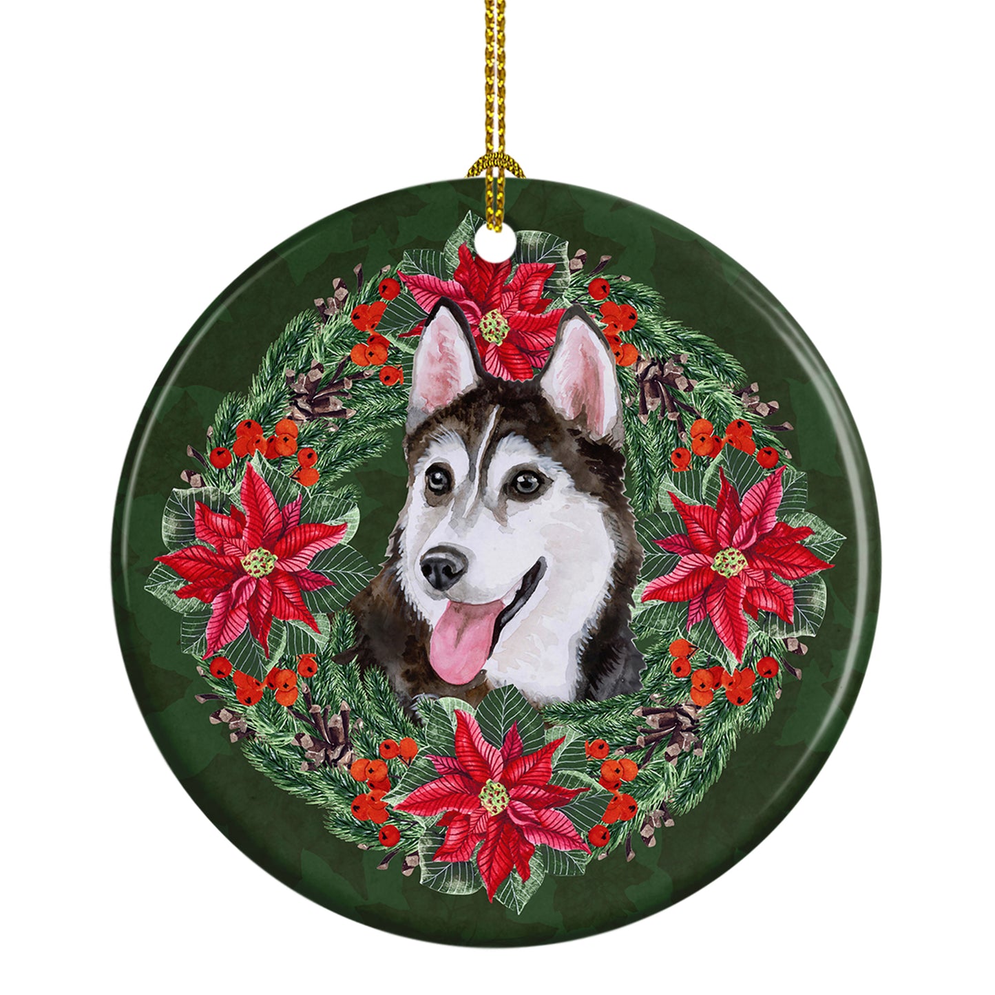 Buy this Siberian Husky #2 Poinsetta Wreath Ceramic Ornament