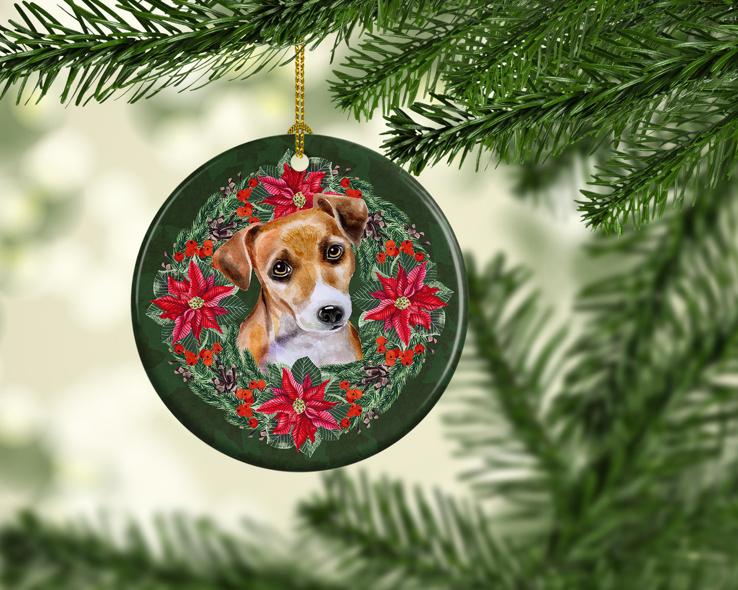 Jack Russell Terrier #2 Poinsetta Wreath Ceramic Ornament