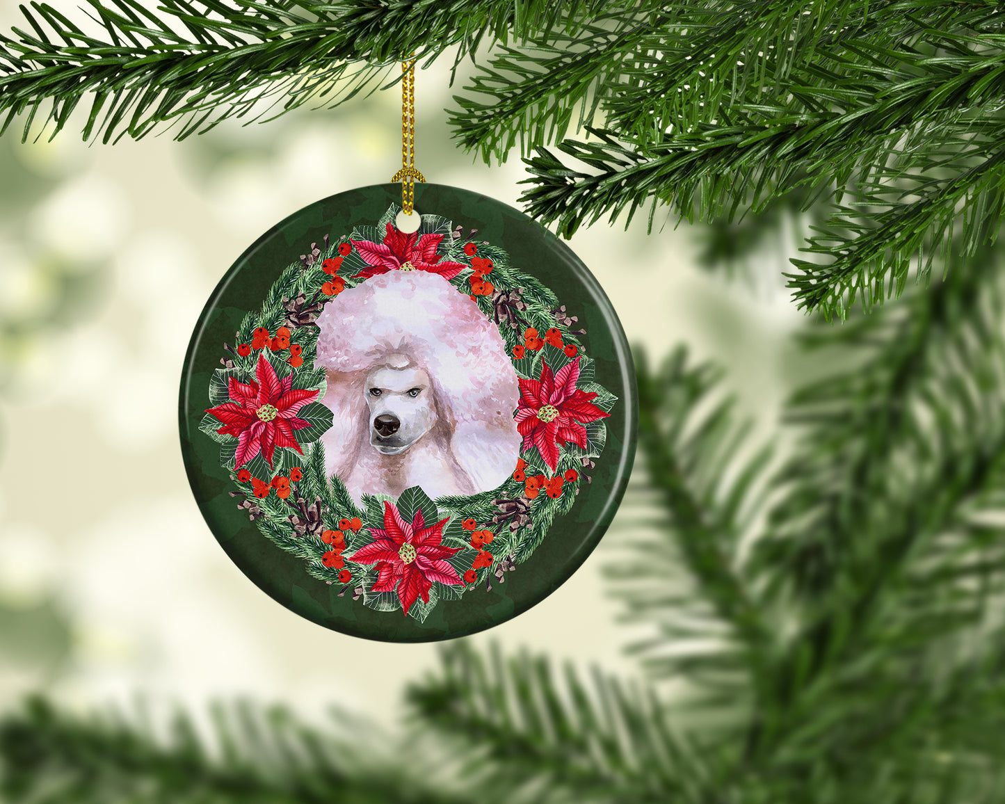 White Standard Poodle Poinsetta Wreath Ceramic Ornament