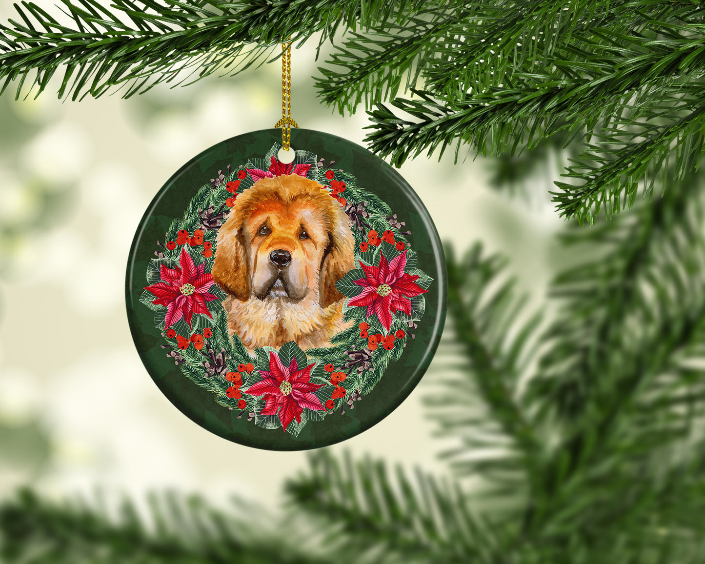 Tibetan Mastiff Poinsetta Wreath Ceramic Ornament