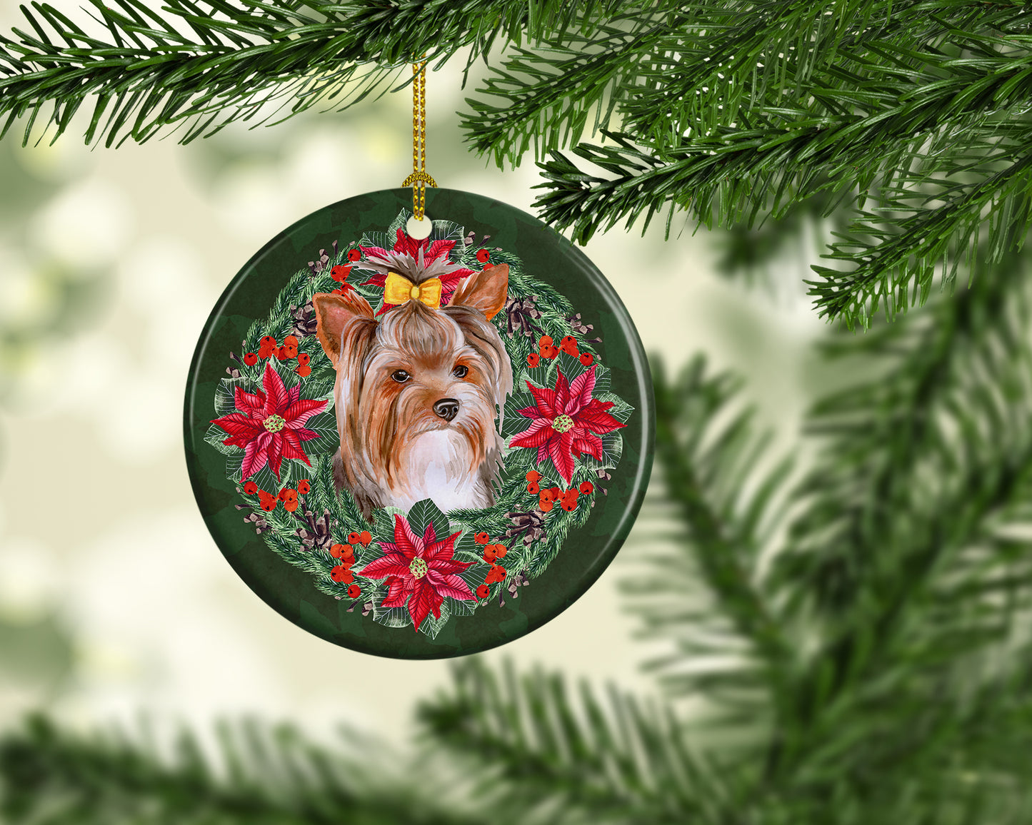 Yorkshire Terrier #2 Poinsetta Wreath Ceramic Ornament