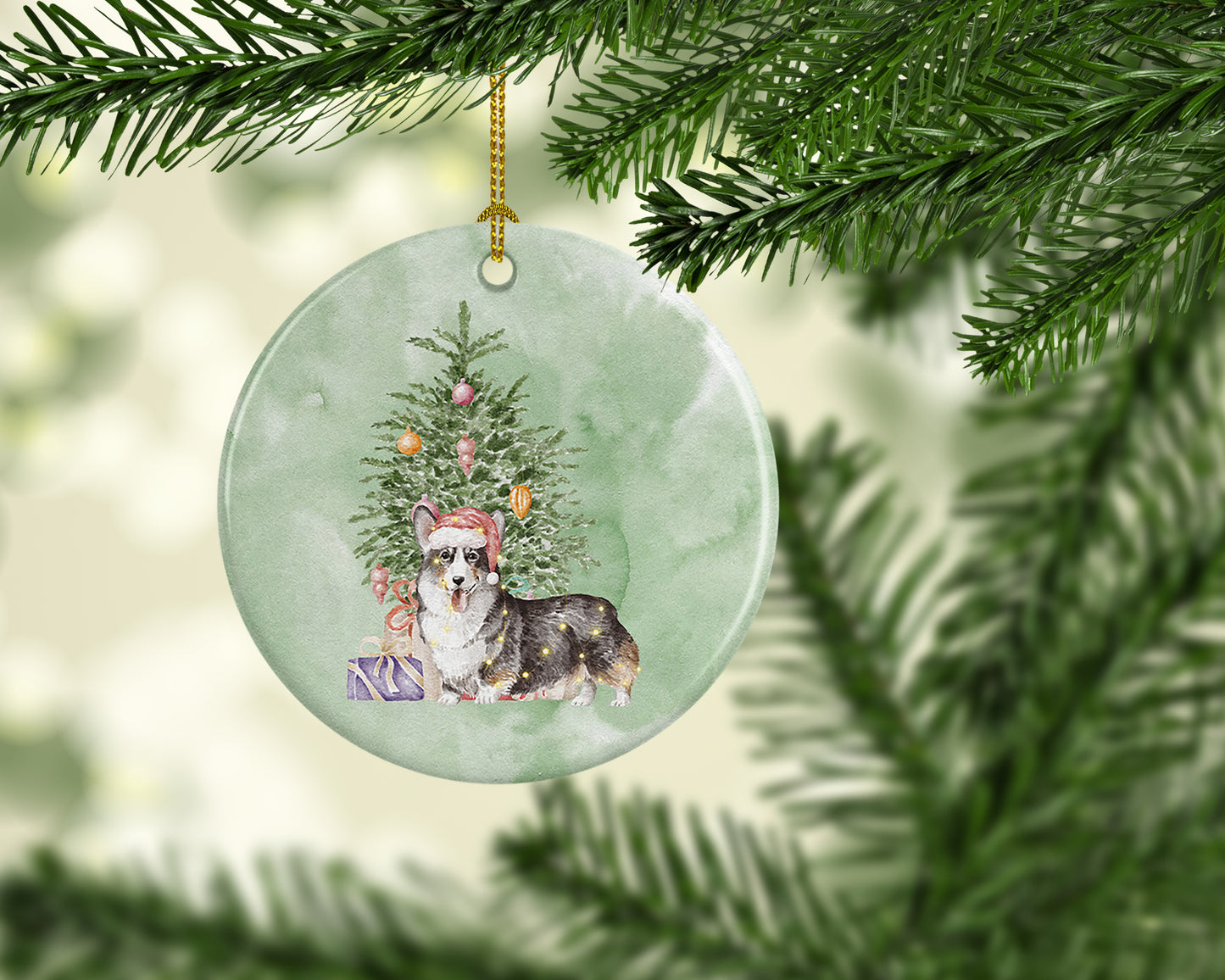 Corgi Pembroke Tricolor Christmas Presents and Tree Ceramic Ornament