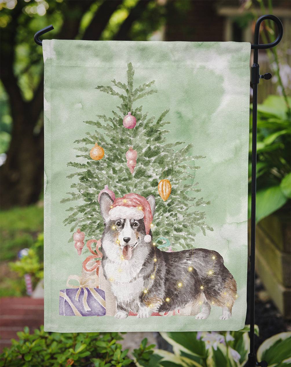 Corgi Pembroke Tricolor Christmas Presents and Tree Garden Flag