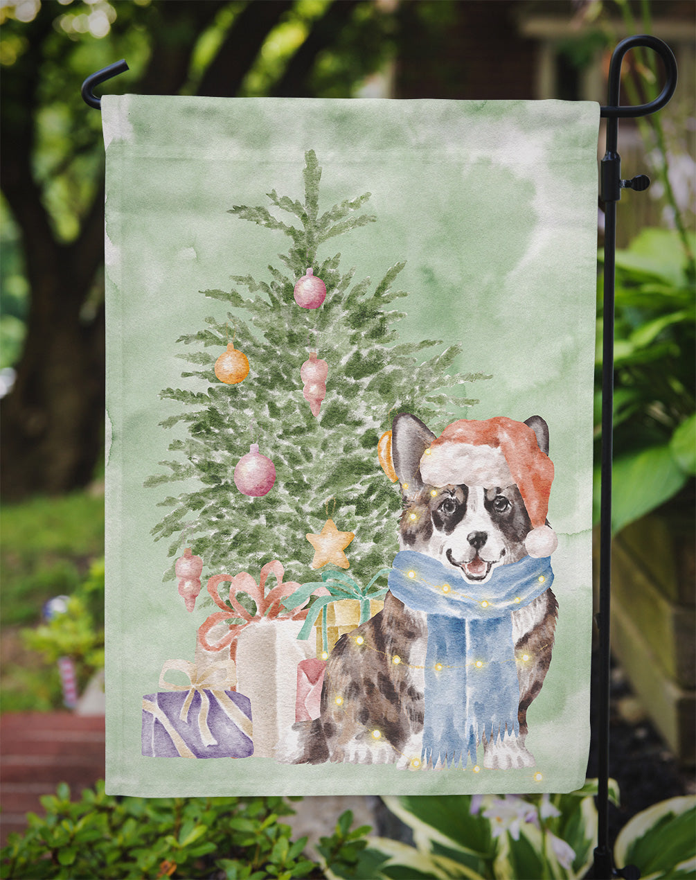 Corgi Cardigan Christmas Presents and Tree Garden Flag