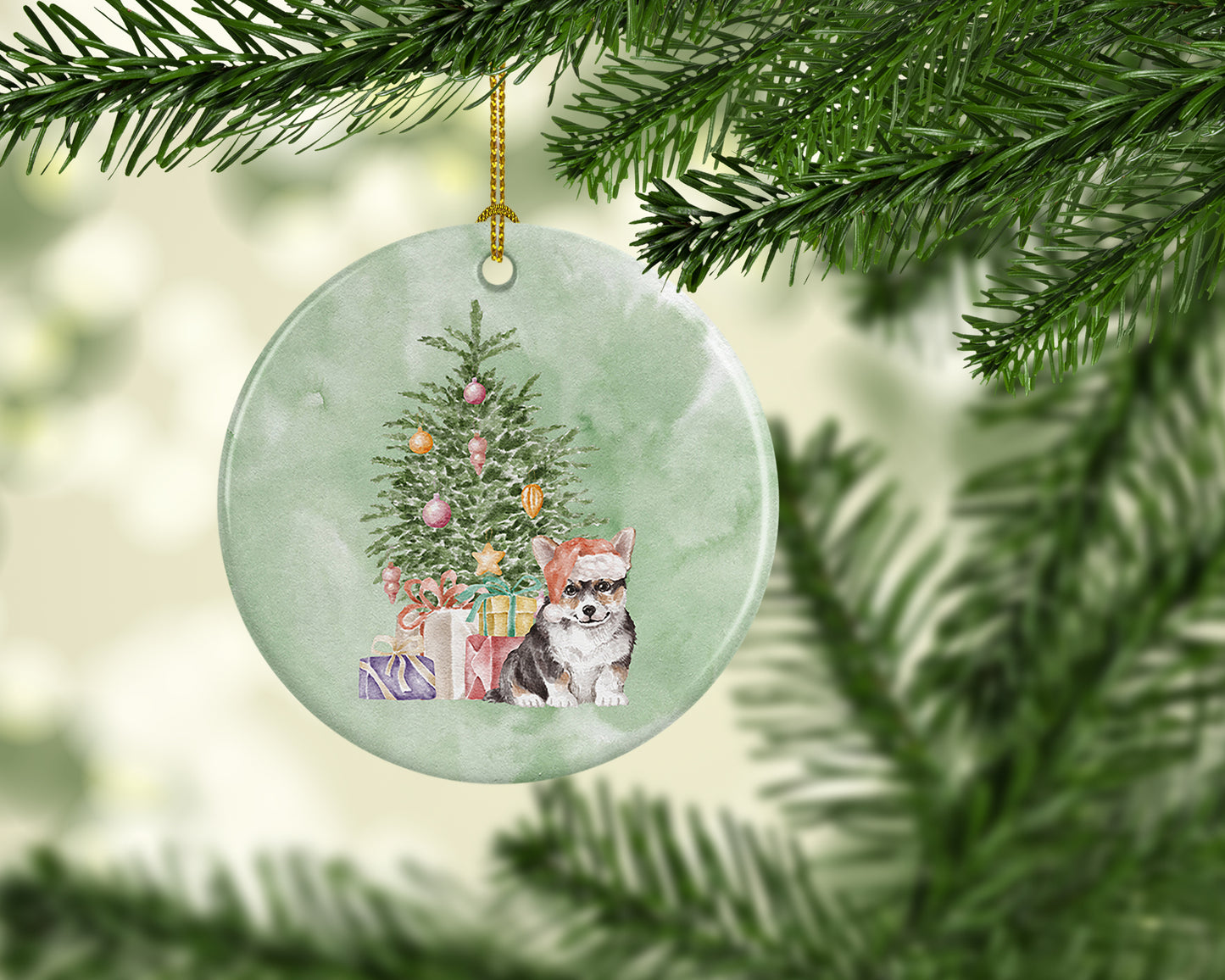 Corgi Puppy Christmas Presents and Tree Ceramic Ornament