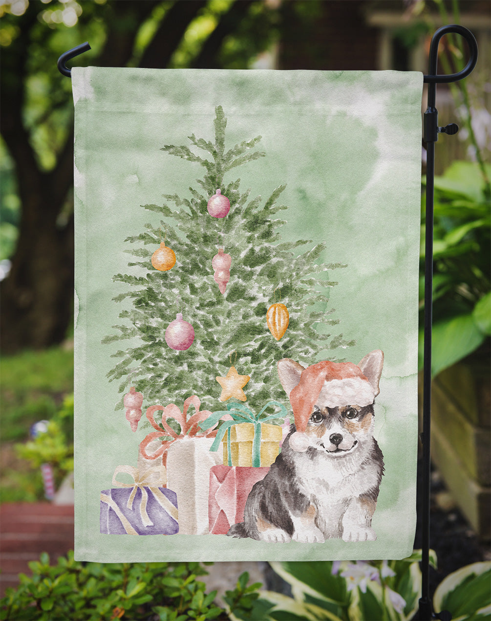 Corgi Puppy Christmas Presents and Tree Garden Flag