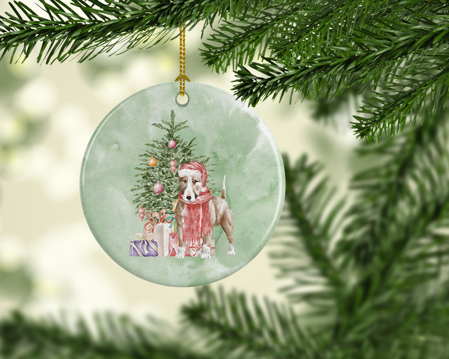 Bull Terrier Red Christmas Presents and Tree Ceramic Ornament