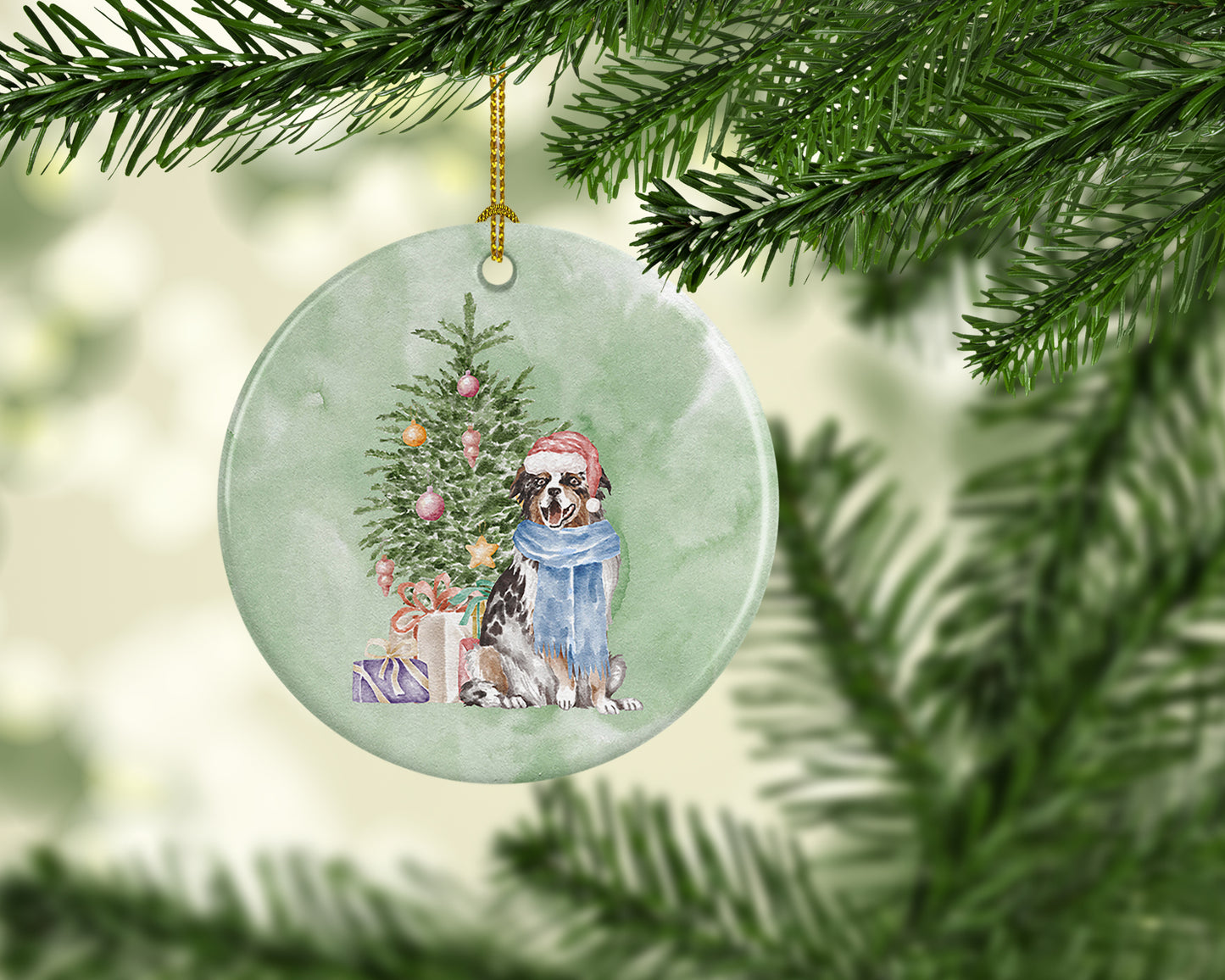 Australian Shepherd Christmas Presents and Tree Ceramic Ornament