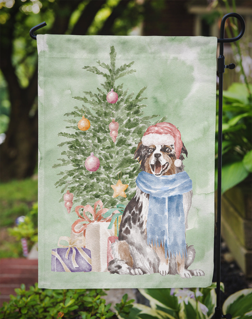 Australian Shepherd Christmas Presents and Tree Garden Flag