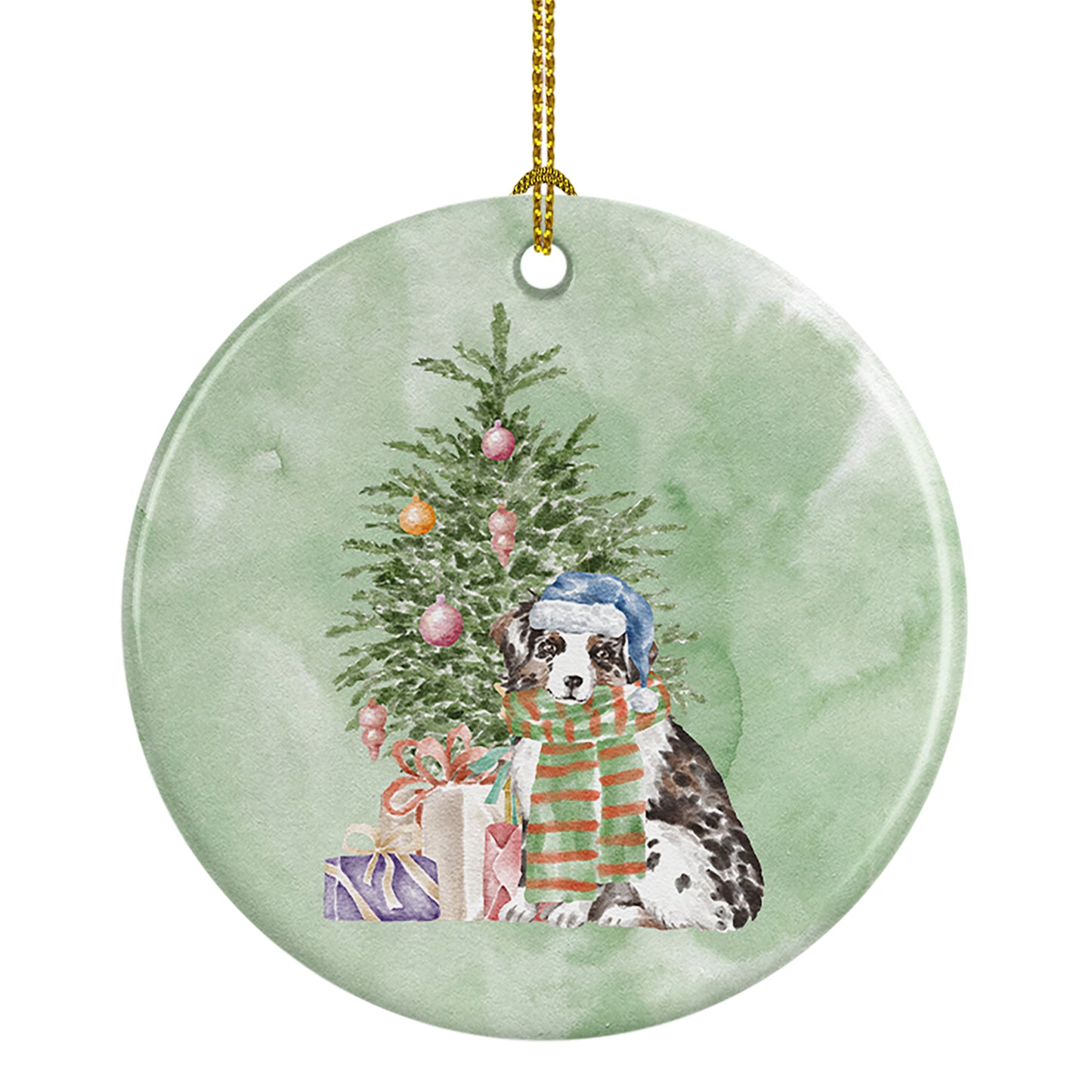 Buy this Australian Shepherd Puppy Christmas Presents and Tree Ceramic Ornament