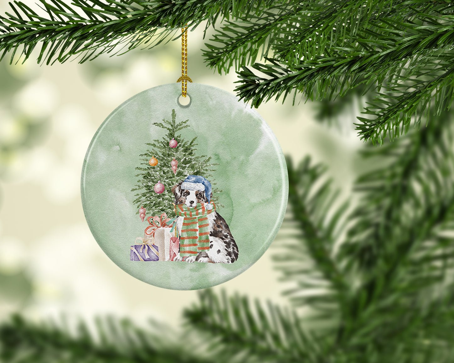 Australian Shepherd Puppy Christmas Presents and Tree Ceramic Ornament