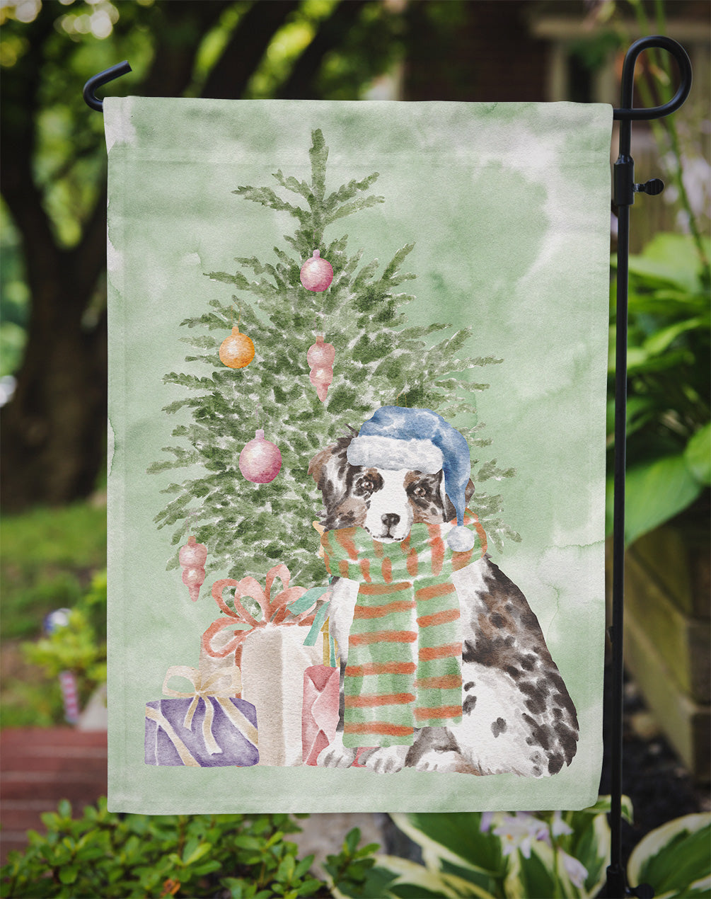 Australian Shepherd Puppy Christmas Presents and Tree Garden Flag