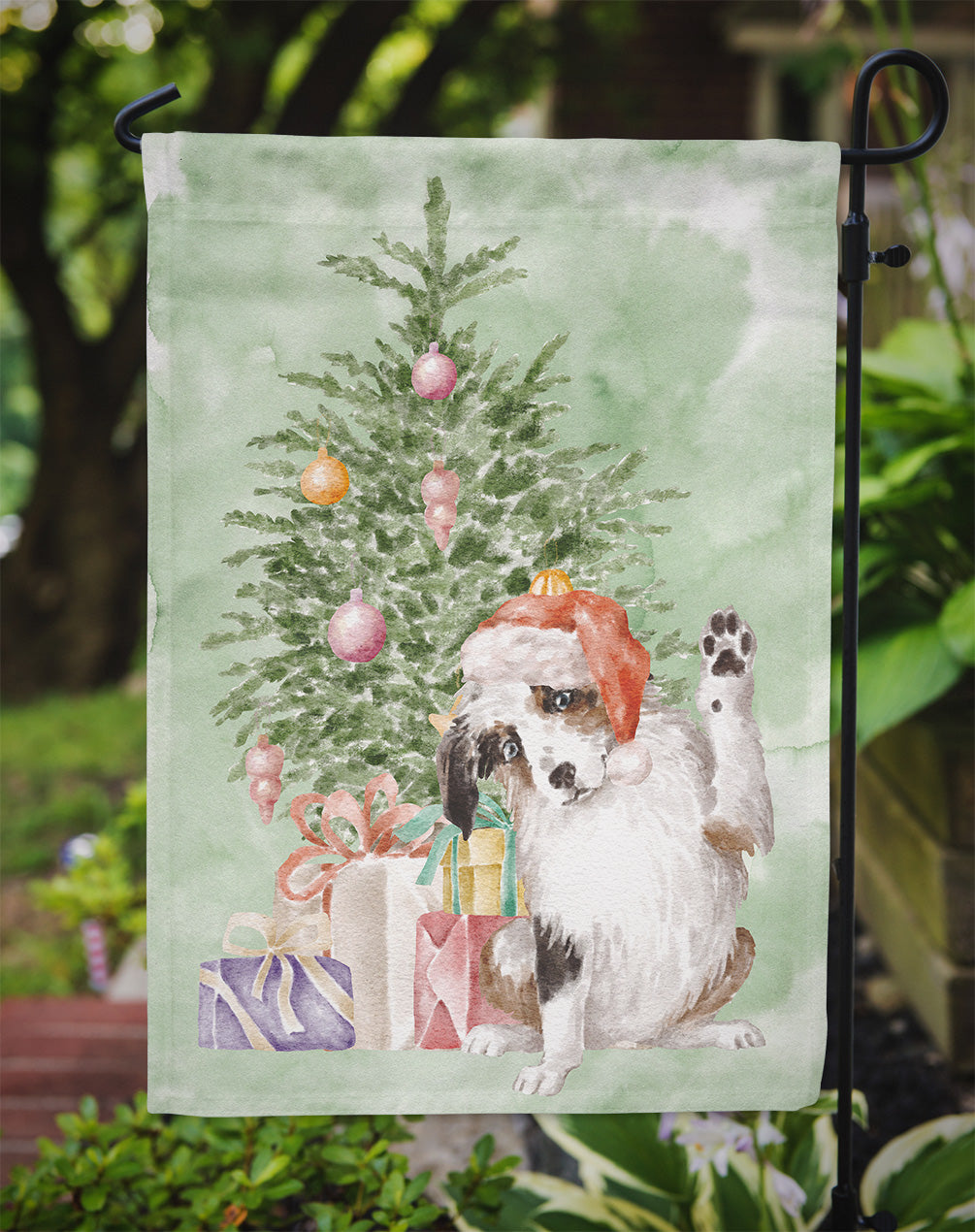 Australian Shepherd High Five Christmas Presents and Tree Garden Flag