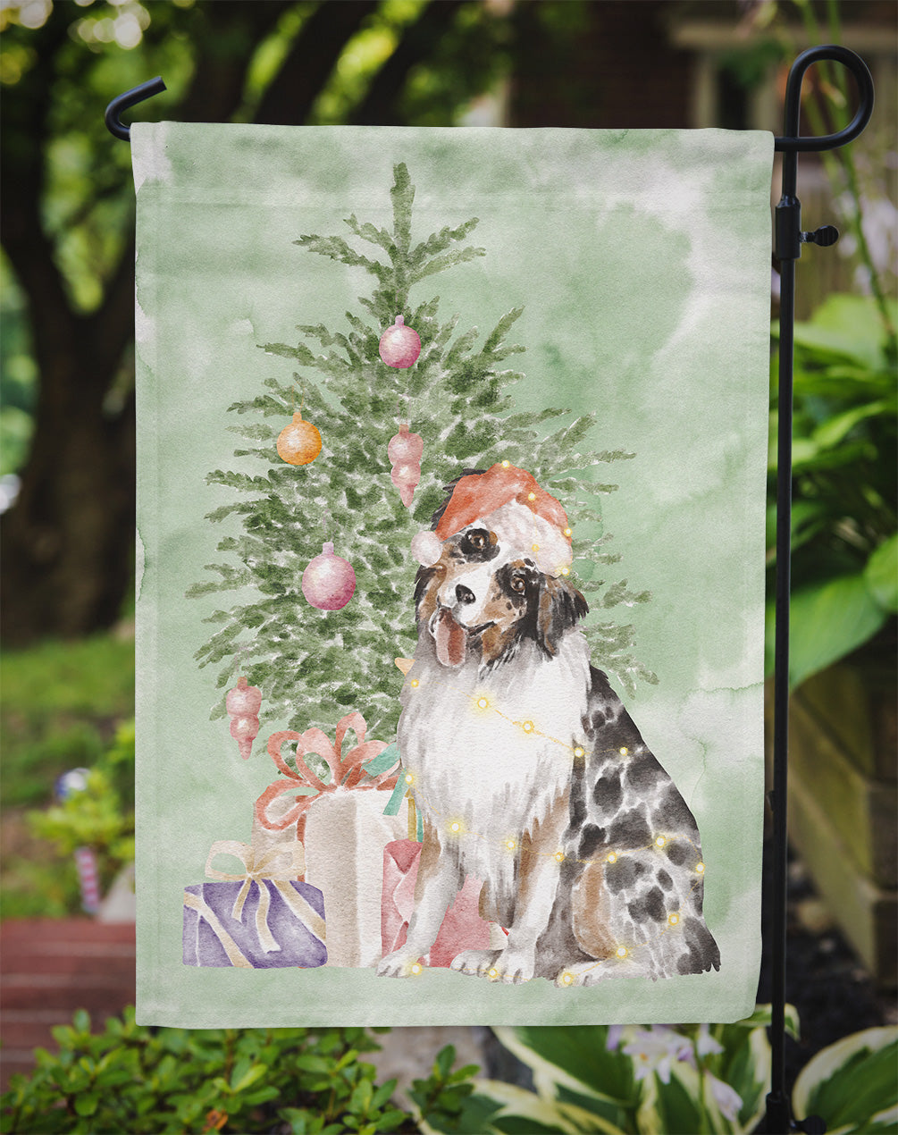 Australian Shepherd #2 Christmas Presents and Tree Garden Flag