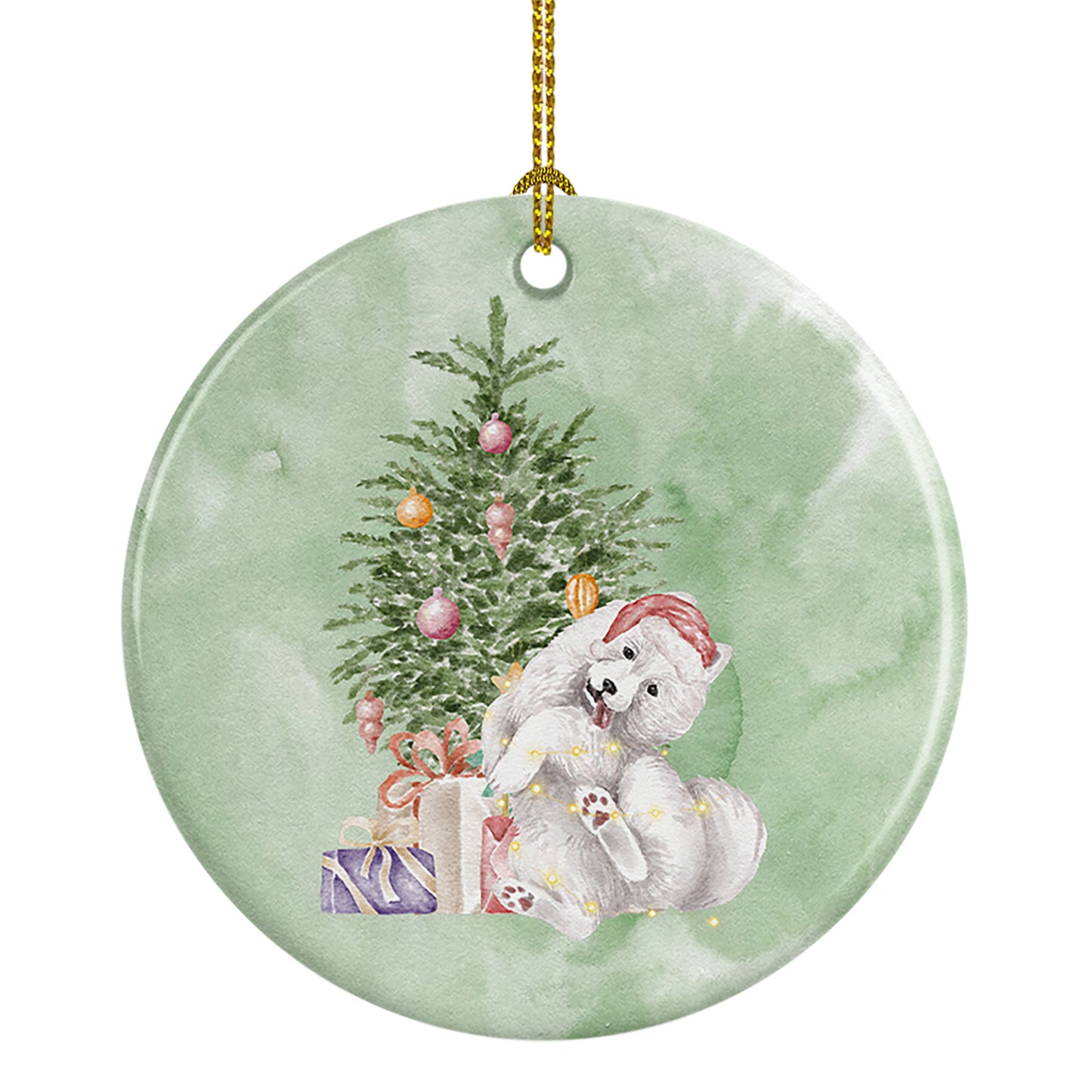 Buy this Samoyed Caught Up Christmas Presents and Tree Ceramic Ornament