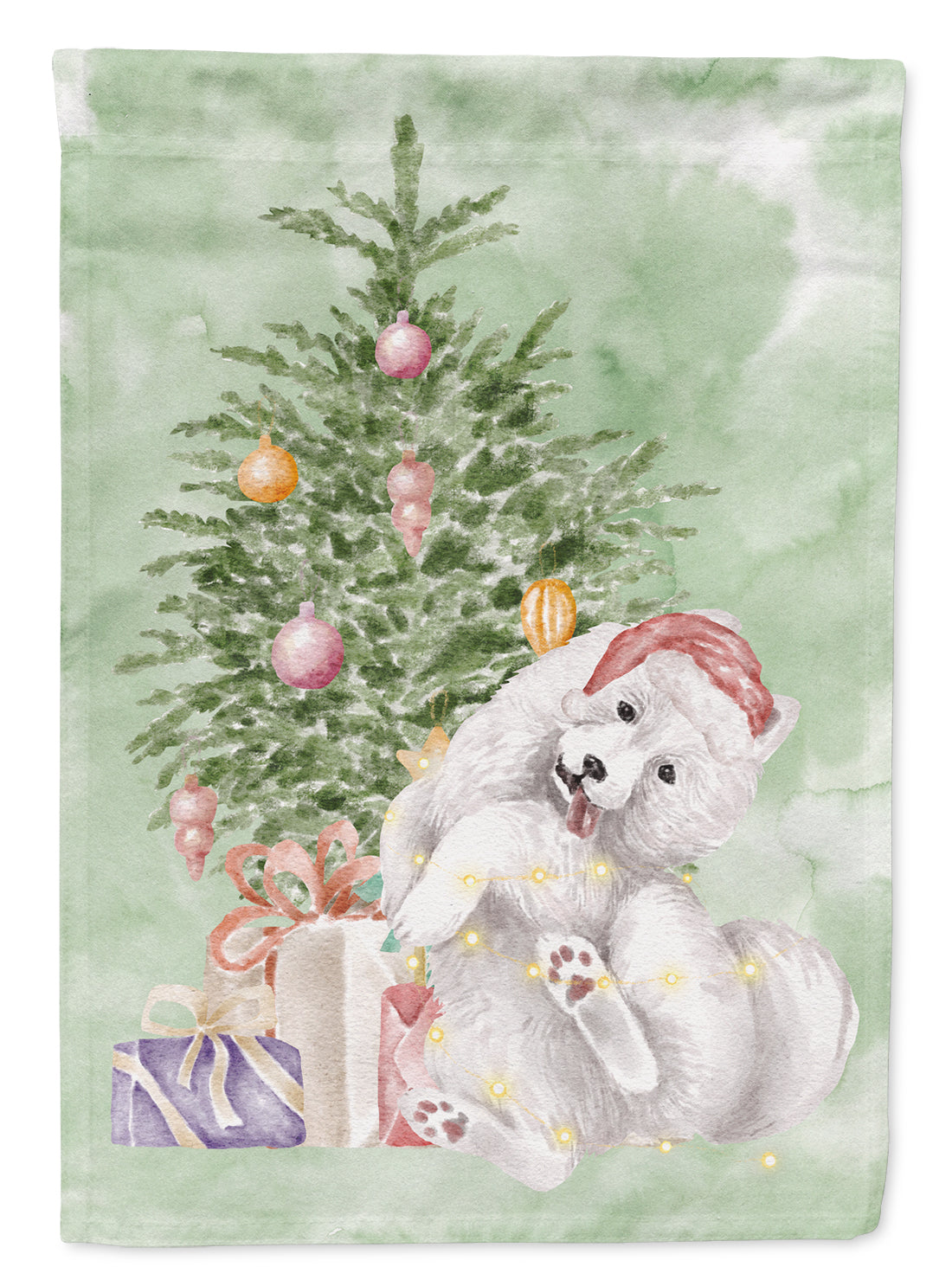 Buy this Samoyed Caught Up Christmas Presents and Tree Garden Flag