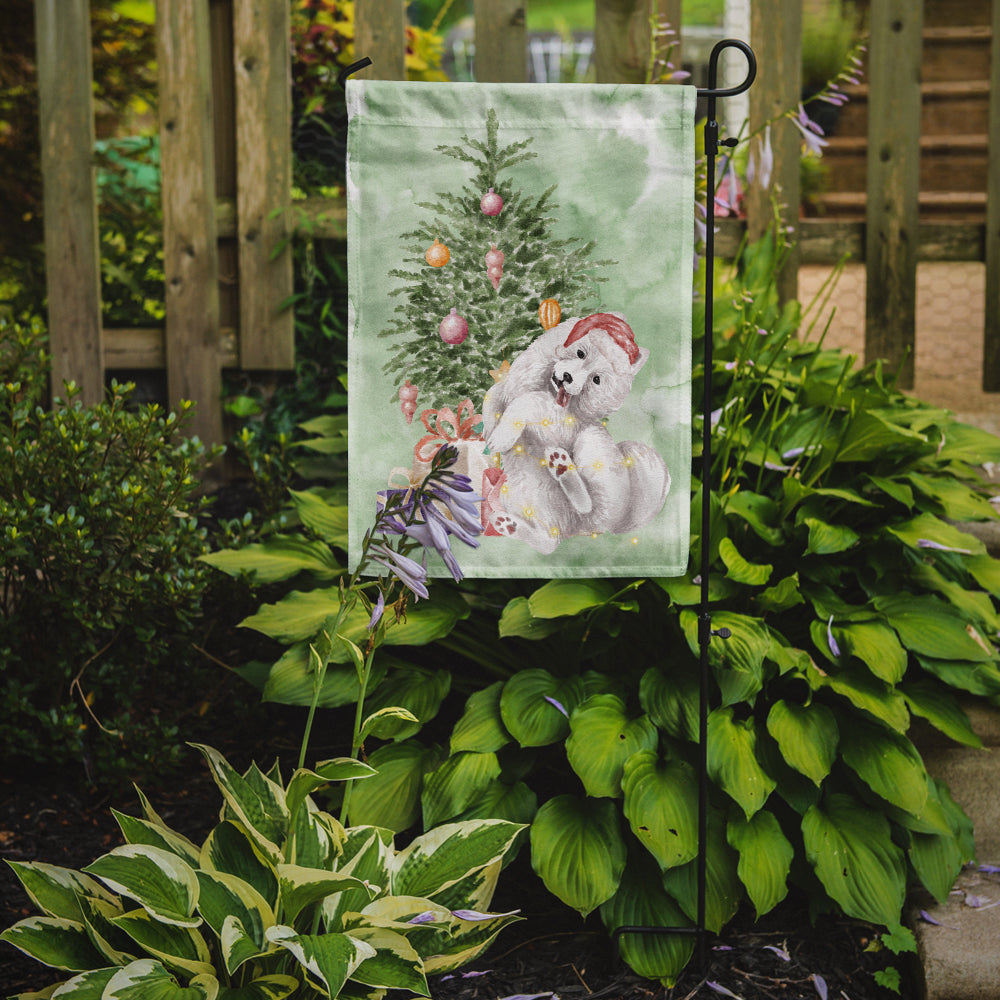 Samoyed Caught Up Christmas Presents and Tree Garden Flag