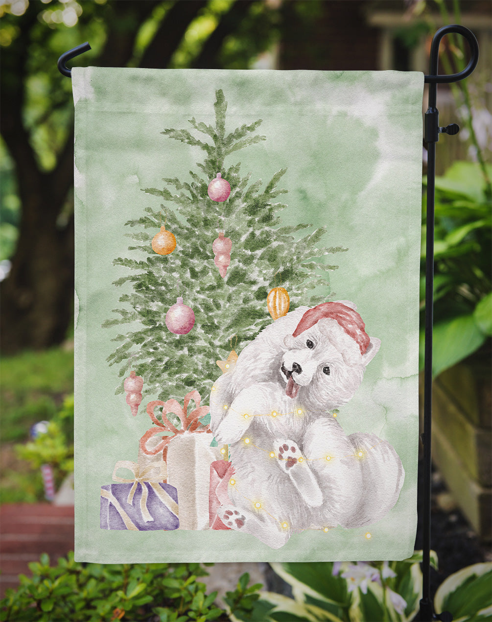 Samoyed Caught Up Christmas Presents and Tree Garden Flag