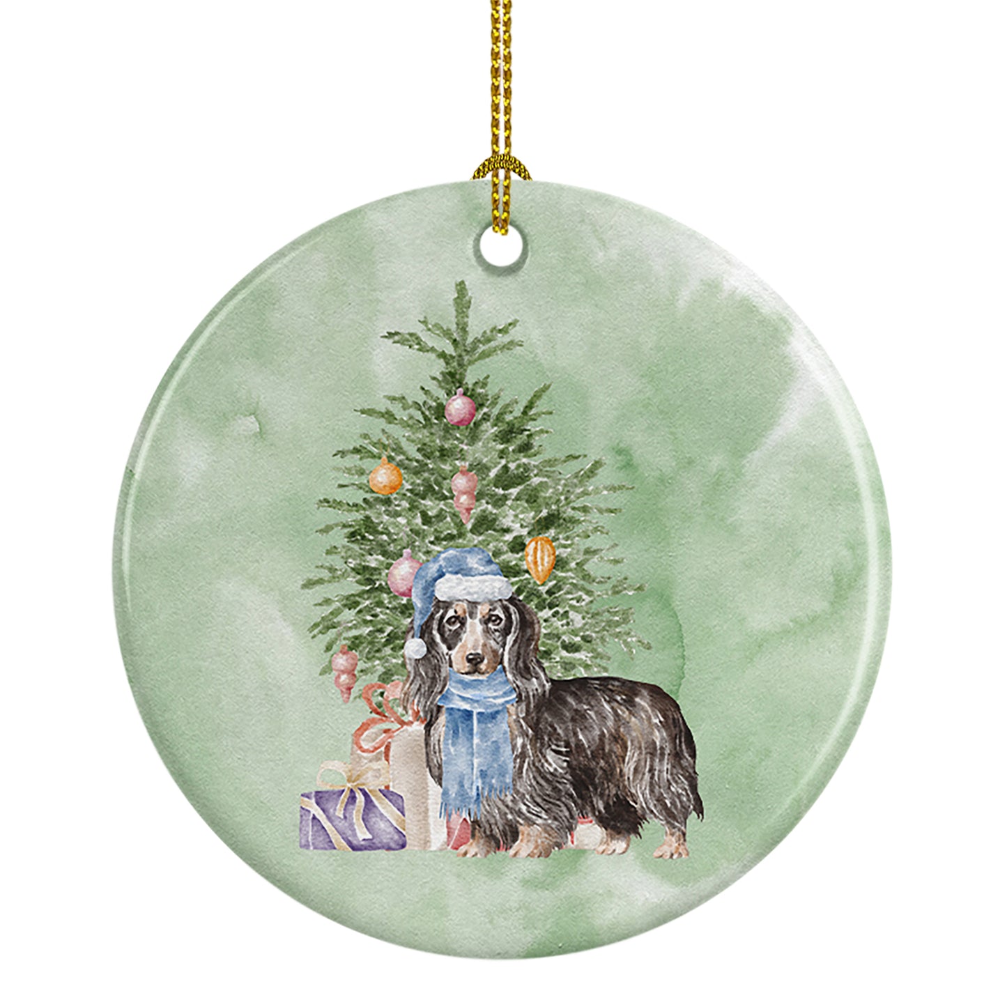 Buy this Dachshund Longhair Black Tan Christmas Presents and Tree Ceramic Ornament