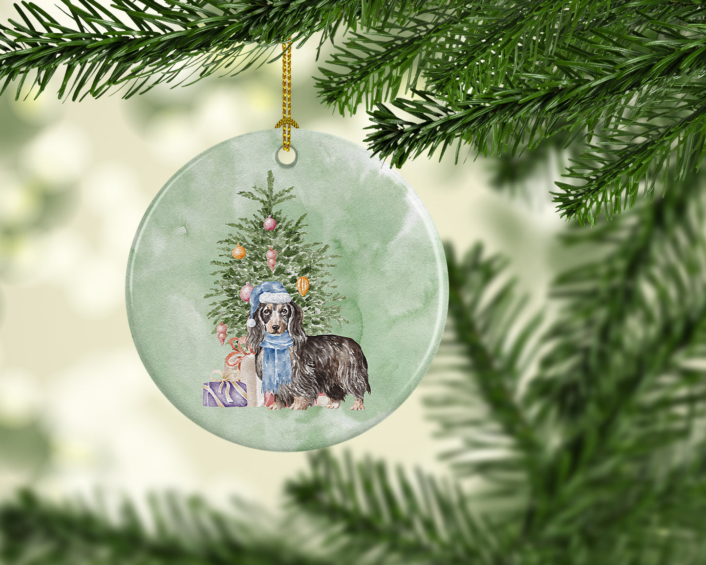 Dachshund Longhair Black Tan Christmas Presents and Tree Ceramic Ornament