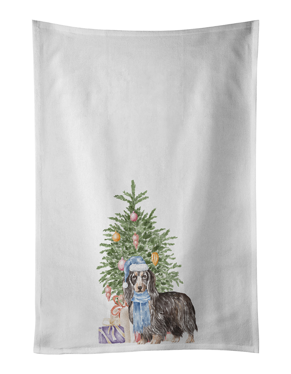 Buy this Dachshund Longhair Black Tan Christmas Presents and Tree Kitchen Towel Set of 2
