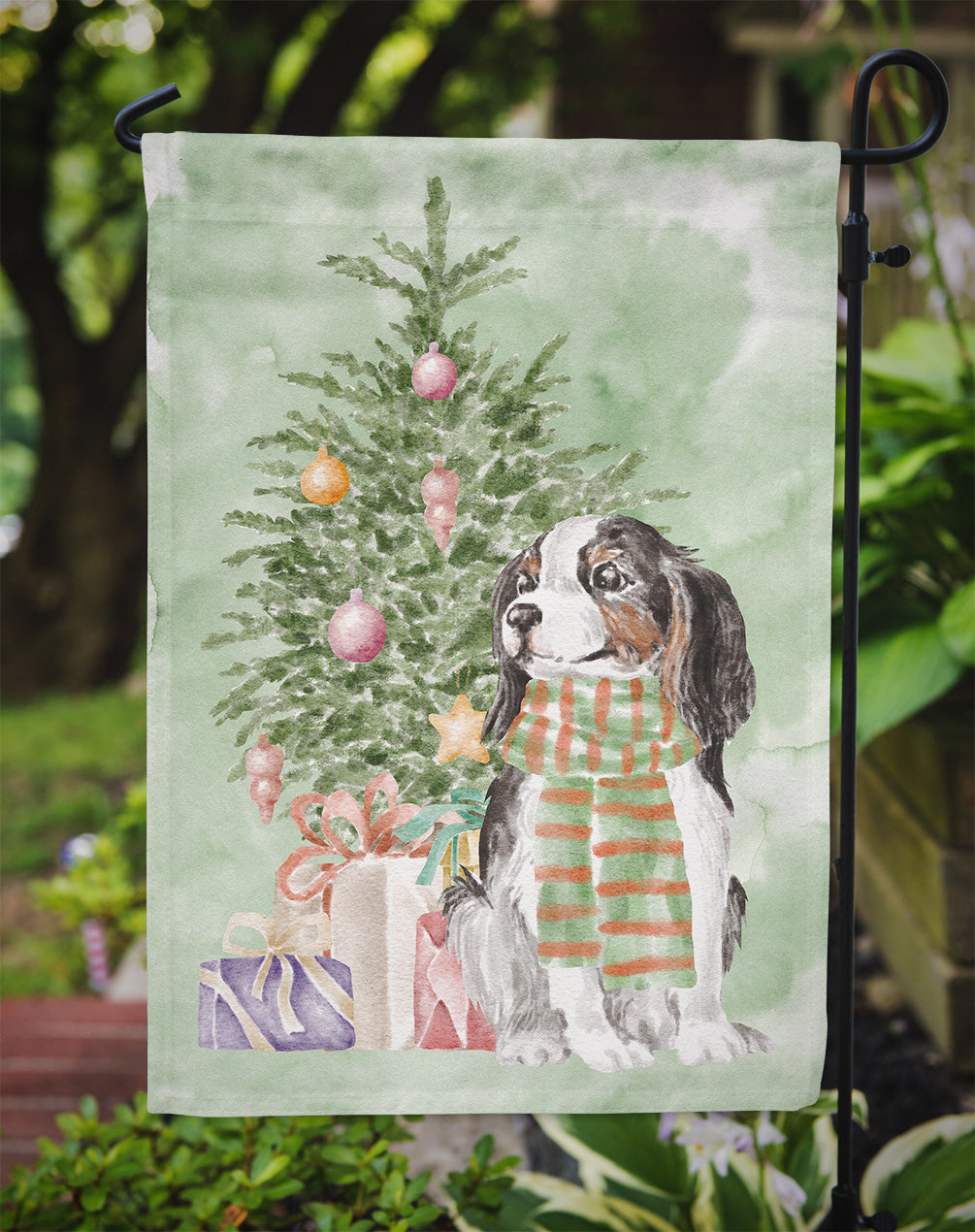 Cavalier Spaniel Tricolor Christmas Presents and Tree Garden Flag