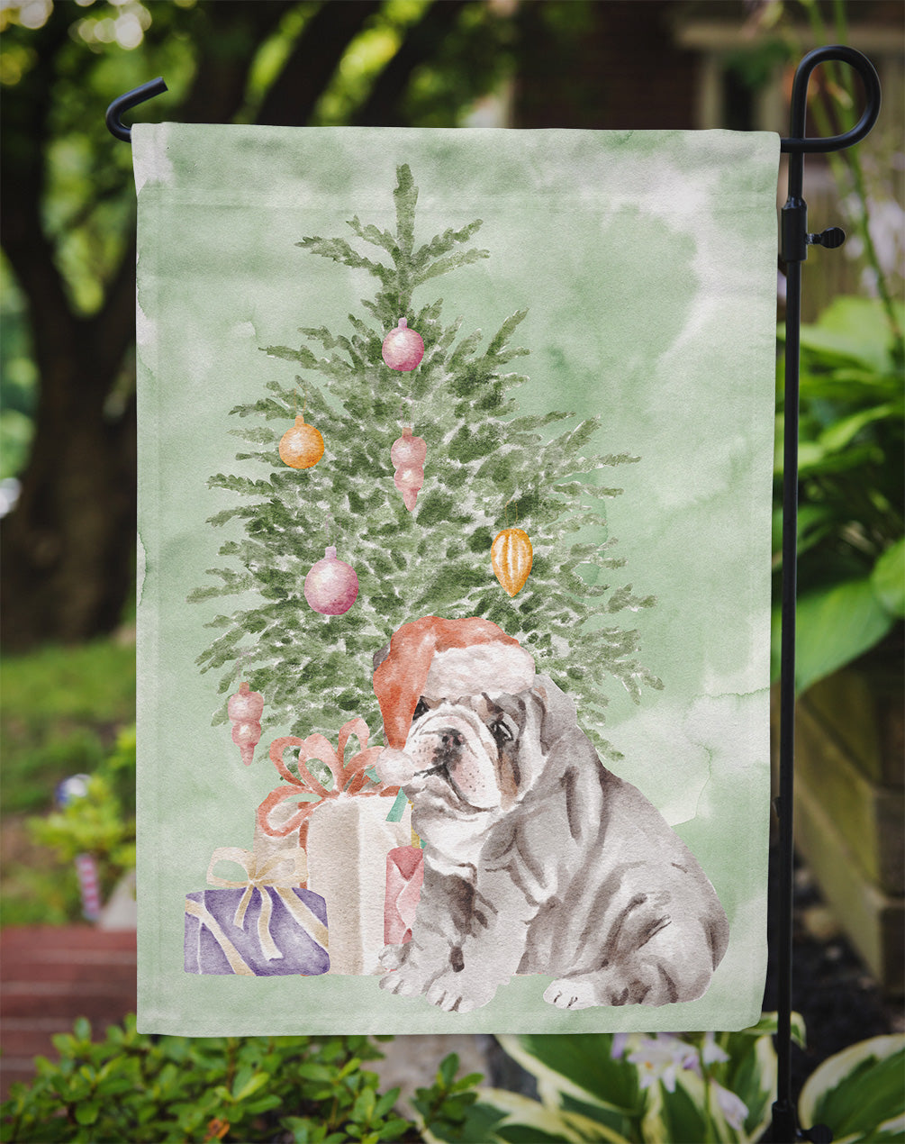 Bulldog, English Bulldog Puppy #2 Christmas Presents and Tree Garden Flag