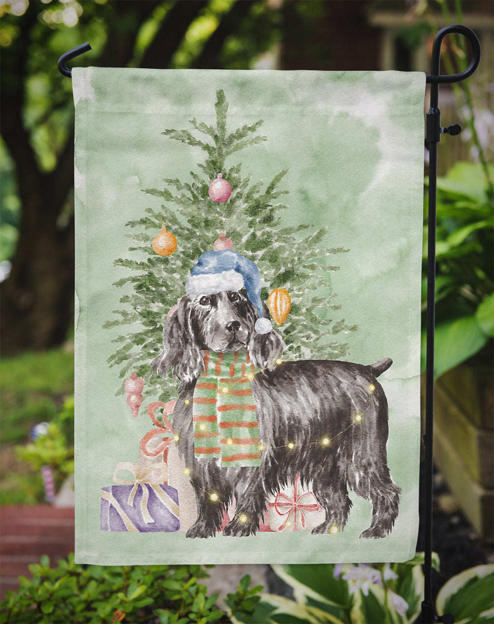 Cocker Spaniel English Black Christmas Presents and Tree Garden Flag