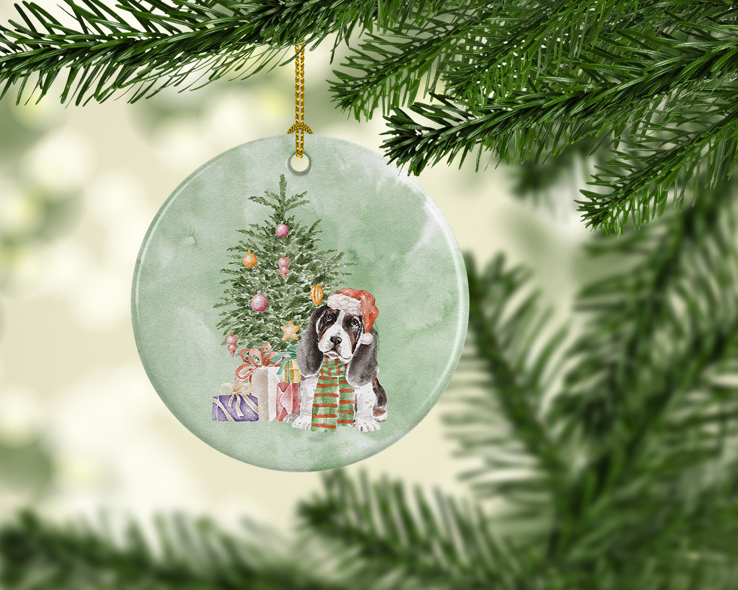 Basset Hound Puppy Christmas Presents and Tree Ceramic Ornament