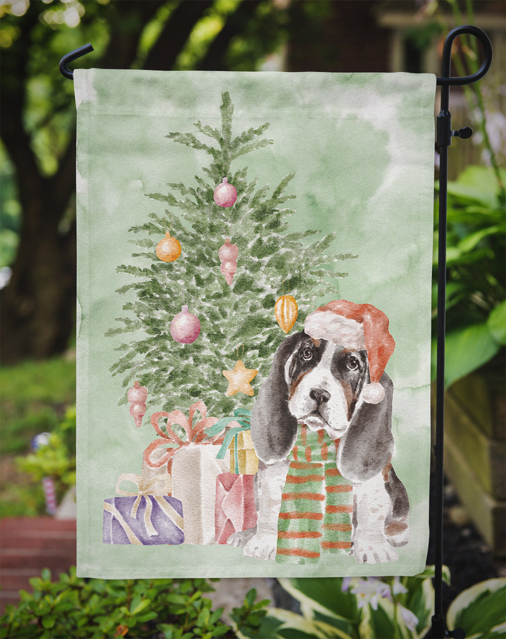 Basset Hound Puppy Christmas Presents and Tree Garden Flag