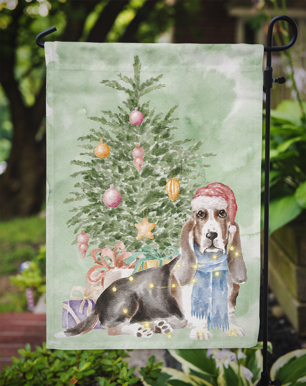 Basset Hound Christmas Presents and Tree Garden Flag