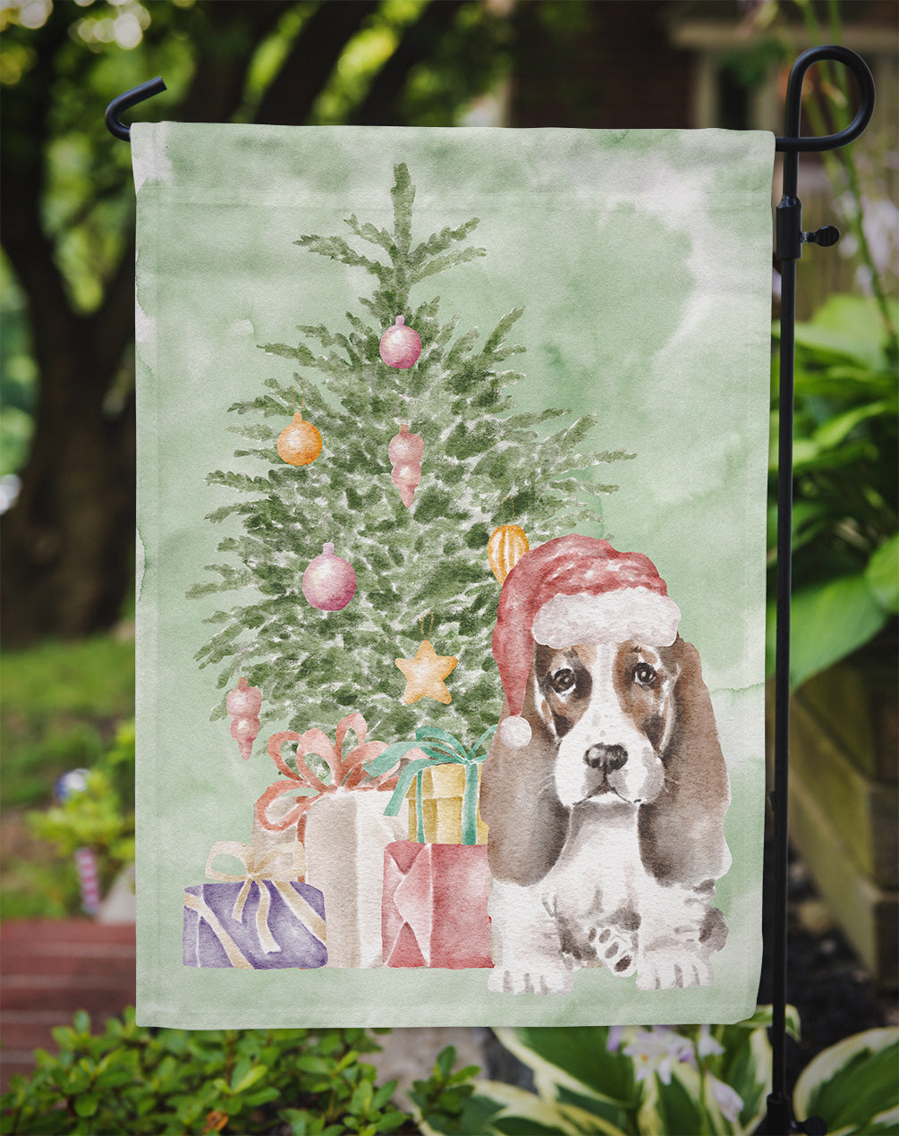 Basset Hound Puppy #2 Christmas Presents and Tree Garden Flag