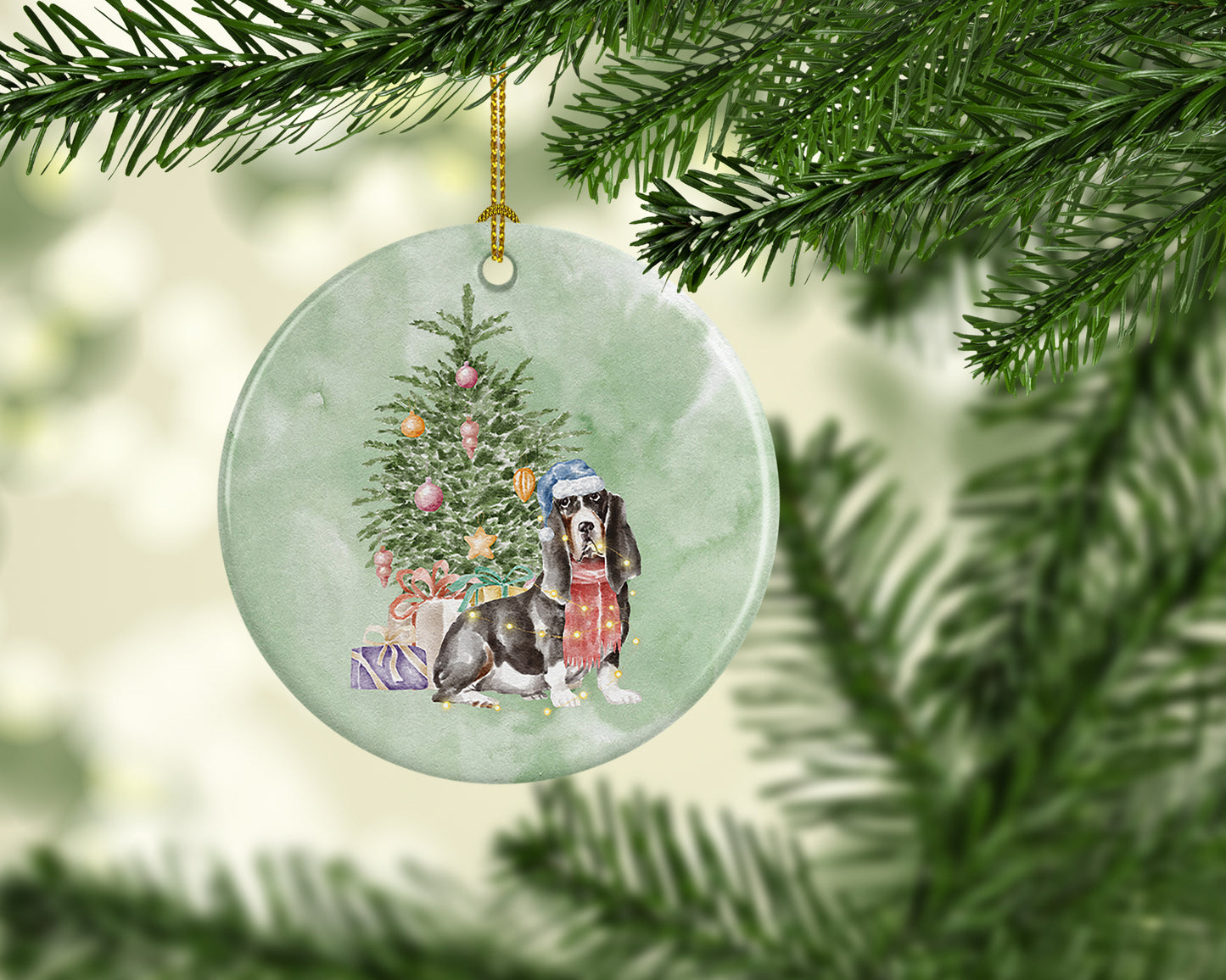 Basset Hound #2 Christmas Presents and Tree Ceramic Ornament