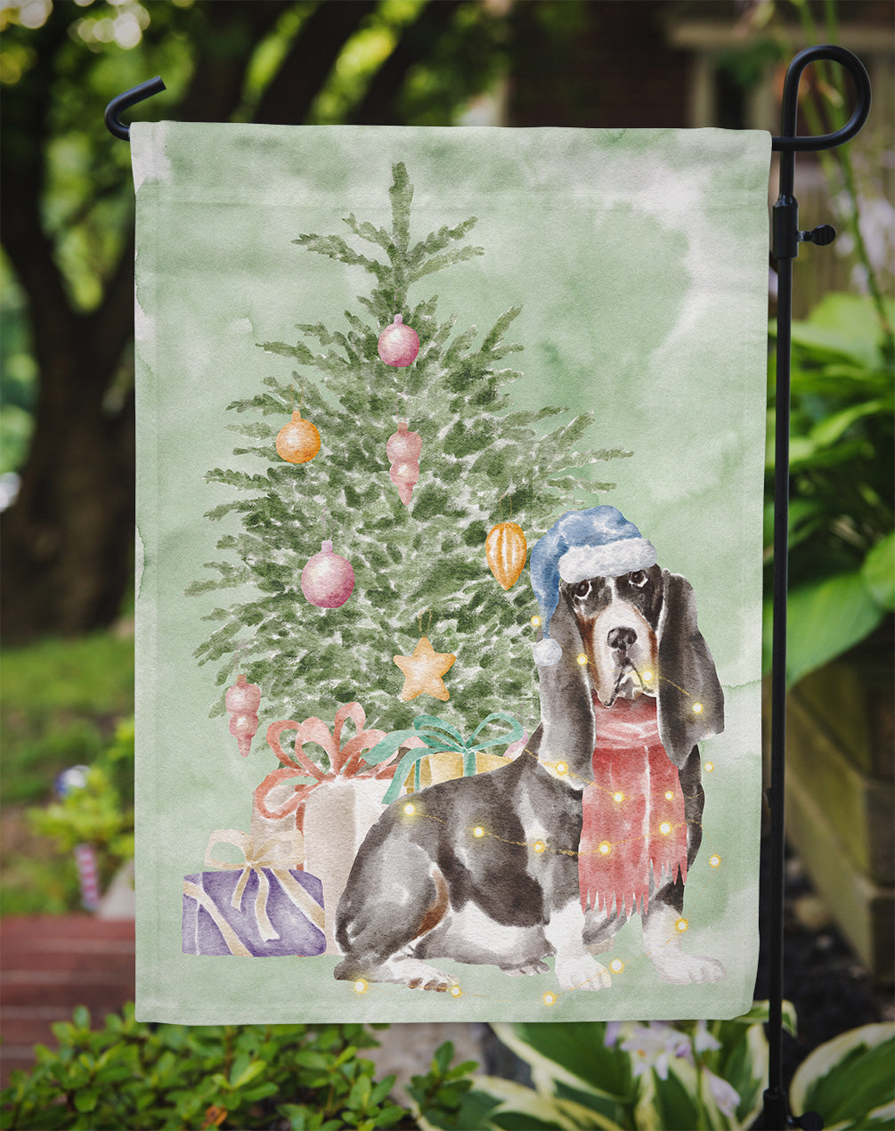 Basset Hound #2 Christmas Presents and Tree Garden Flag