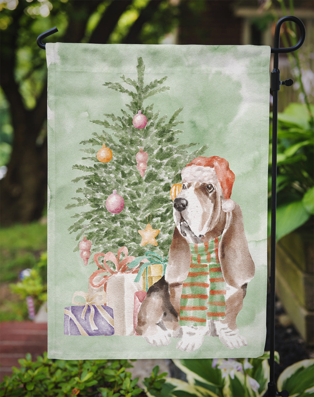 Basset Hound #3 Christmas Presents and Tree Garden Flag