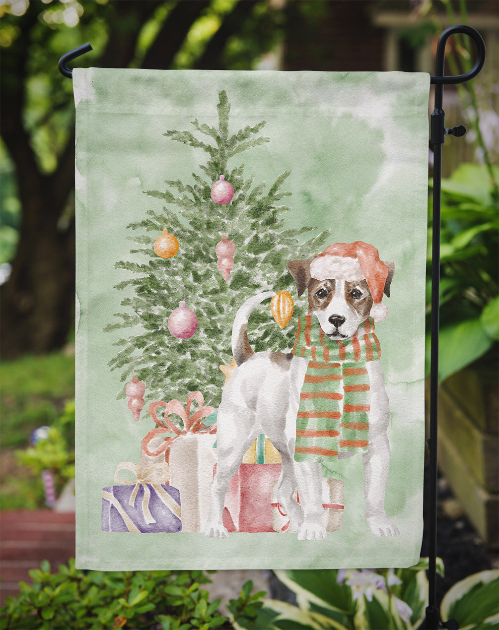 Jack Russell Terrier Smooth Christmas Presents and Tree Garden Flag