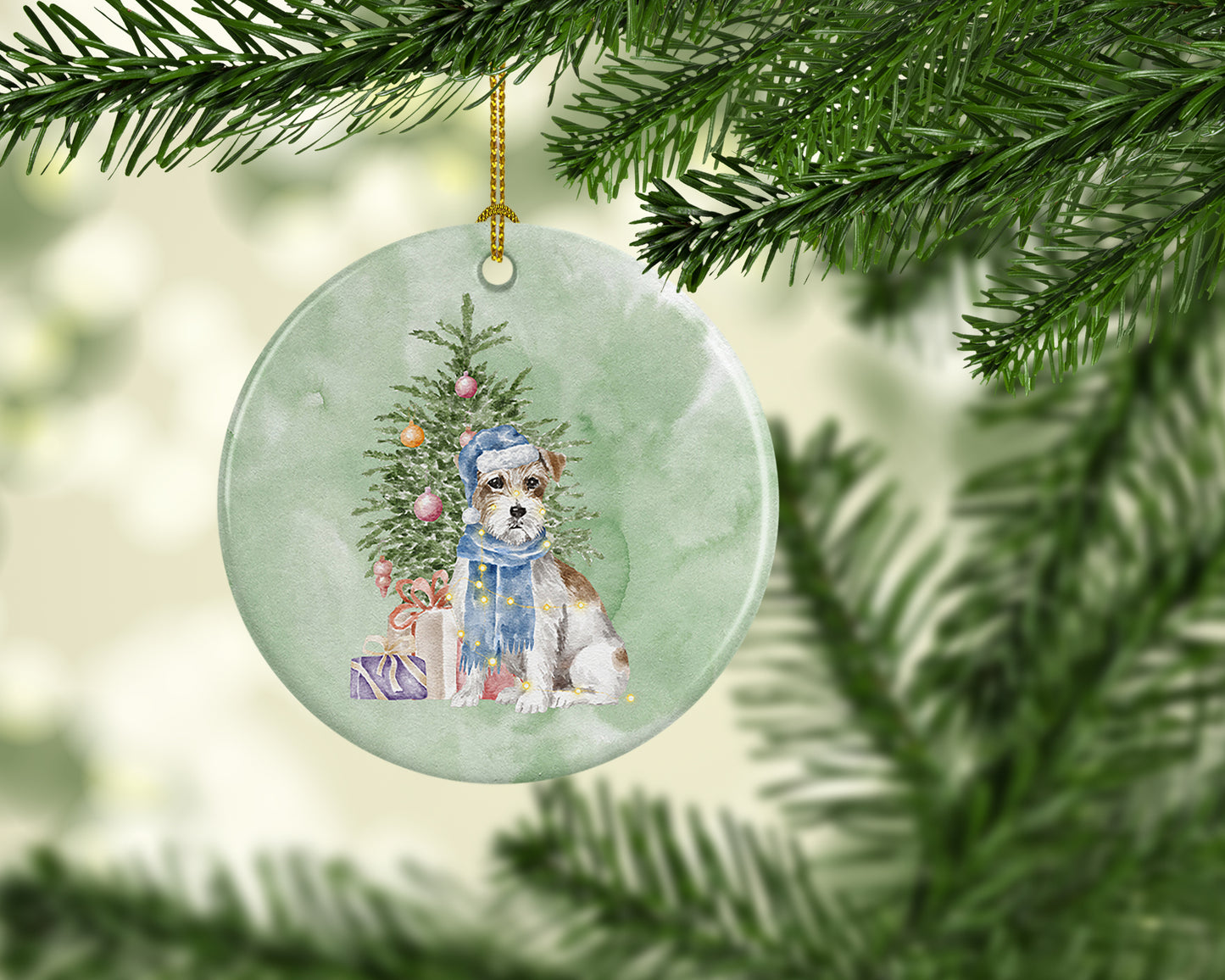 Jack Russell Terrier Wire Christmas Presents and Tree Ceramic Ornament