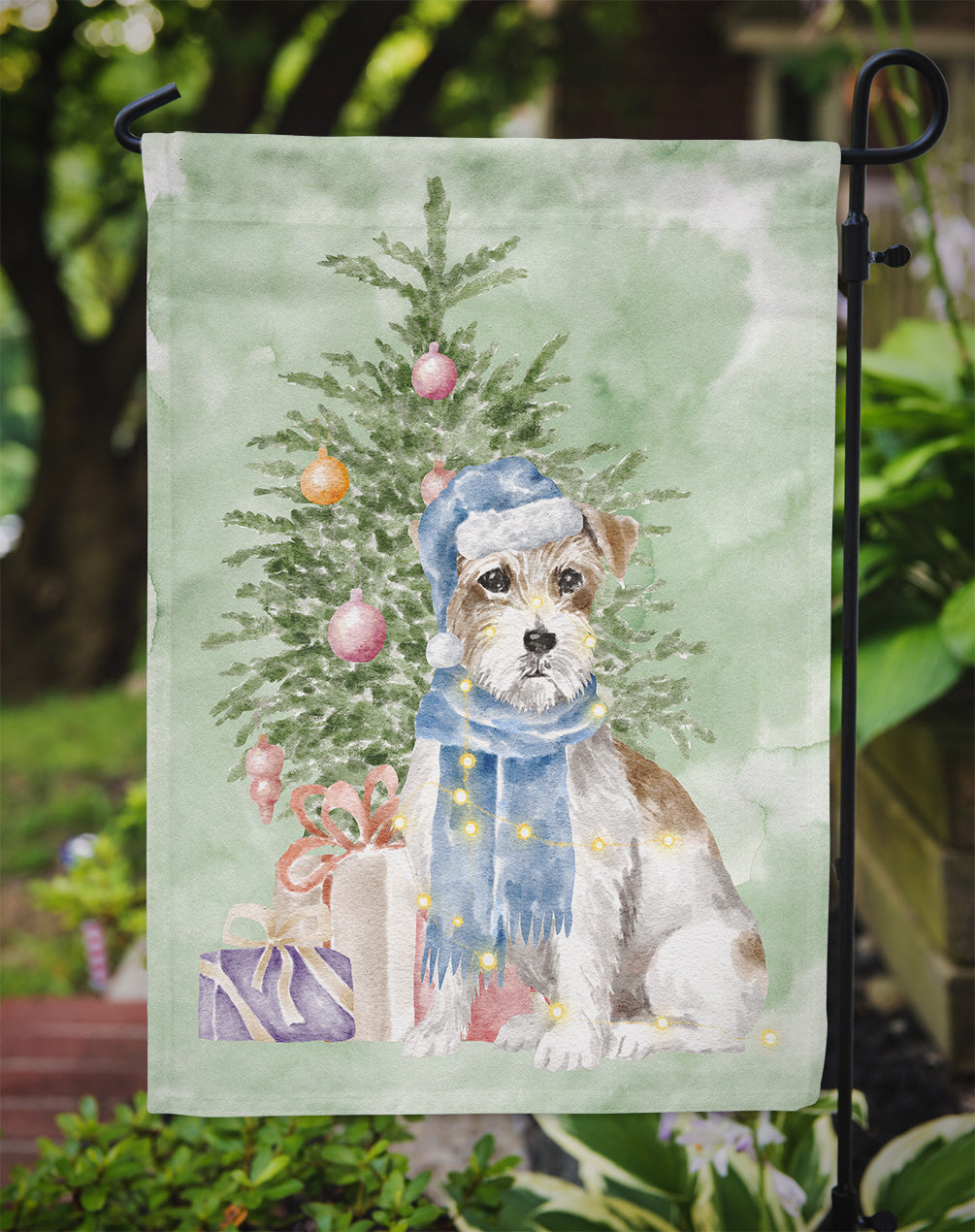 Jack Russell Terrier Wire Christmas Presents and Tree Garden Flag