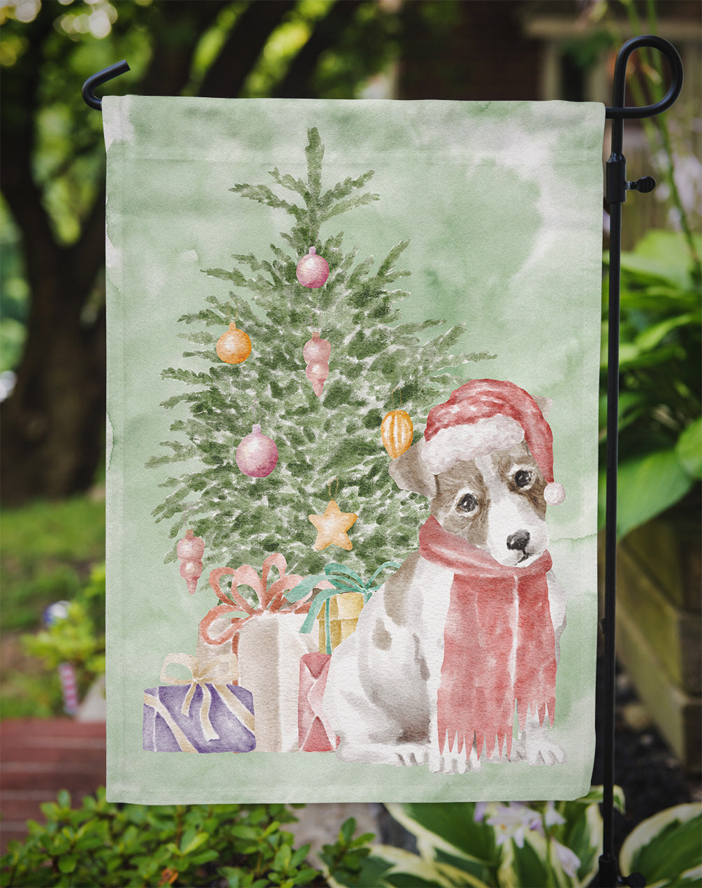 Jack Russell Terrier Smooth Puppy Christmas Presents and Tree Garden Flag